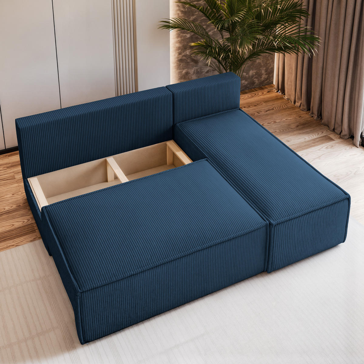 ECKSOFA BRISO P Blau Kordstoff mit Schlaffunktion - Blau, Holz (200/140cm) - MASSENO