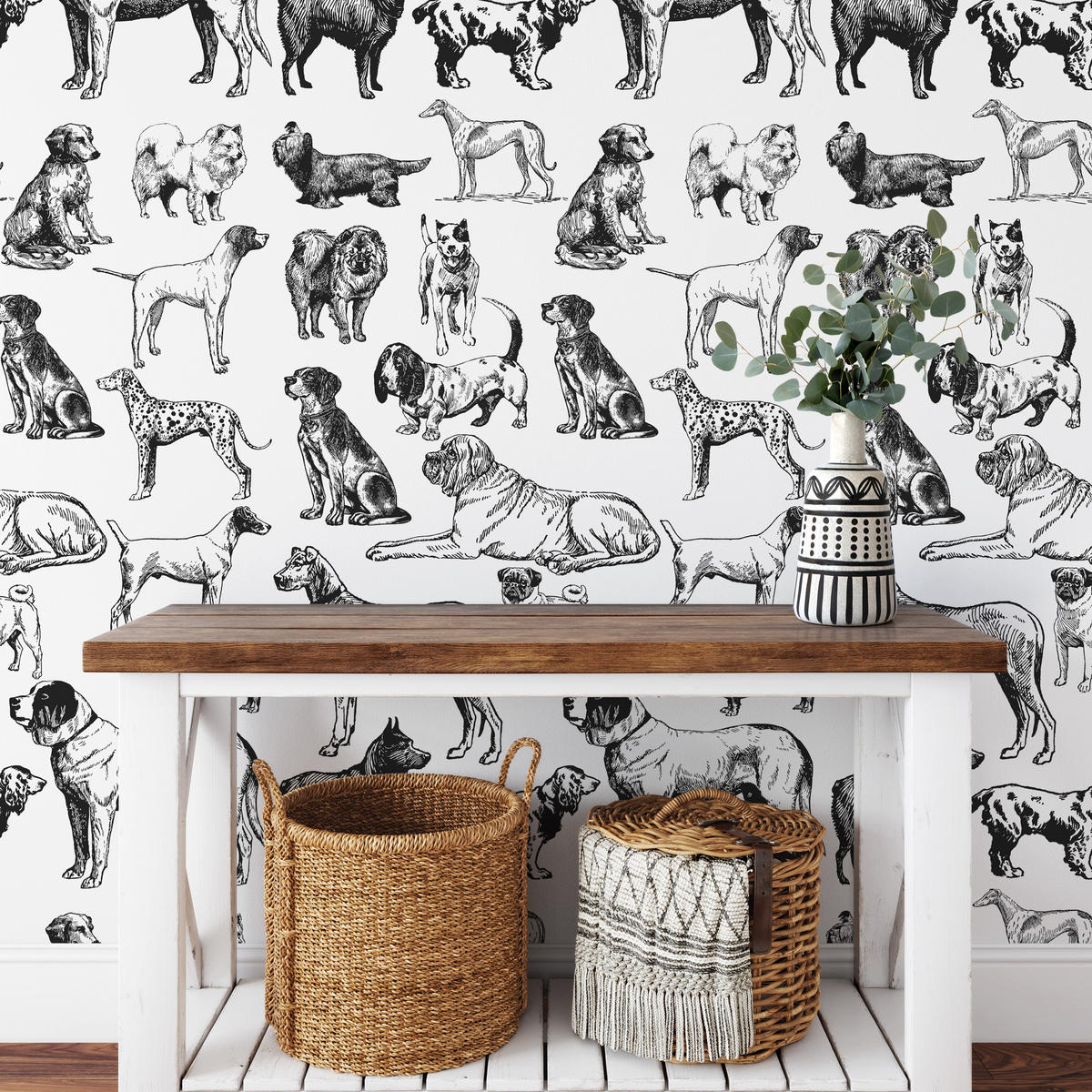 TAPETE Hunde aus echtem Papier, 200x280cm, 8 Bögen - Weiß, Papier (200/280cm) - WALLPAPERS4BEGINNERS