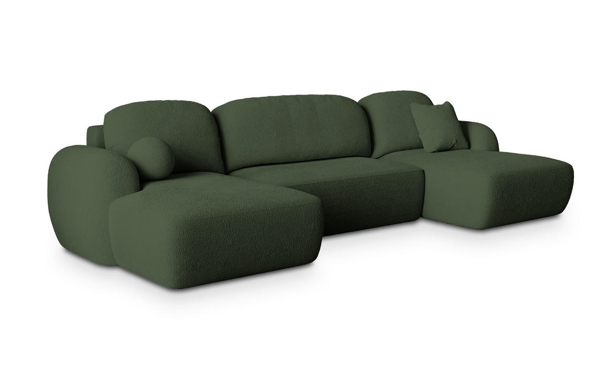 WOHNLANDSCHAFT SAVONA N Grün Boucle-Stoff mit Schlaffunktion - Grün, Holz (320/90/148cm) - MASSENO