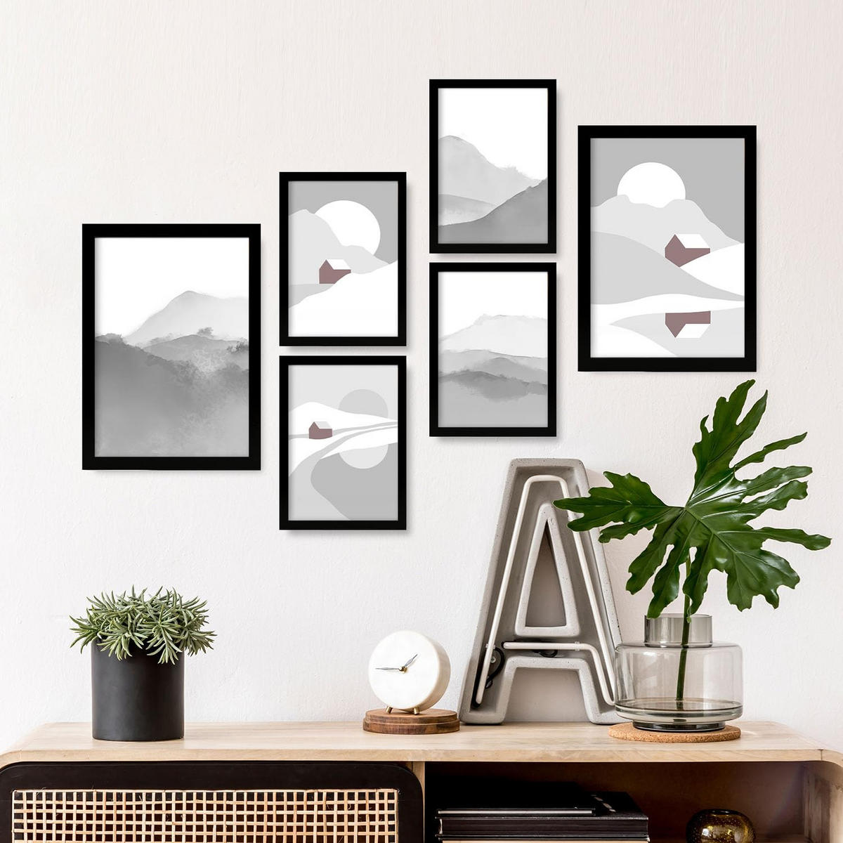 POSTER Set Mit 6 Naturtöne Landschaft Größe A3 & A4 Schwarzer Rahmen - Schwarz, Papier (29.7/1cm) - Nacnic