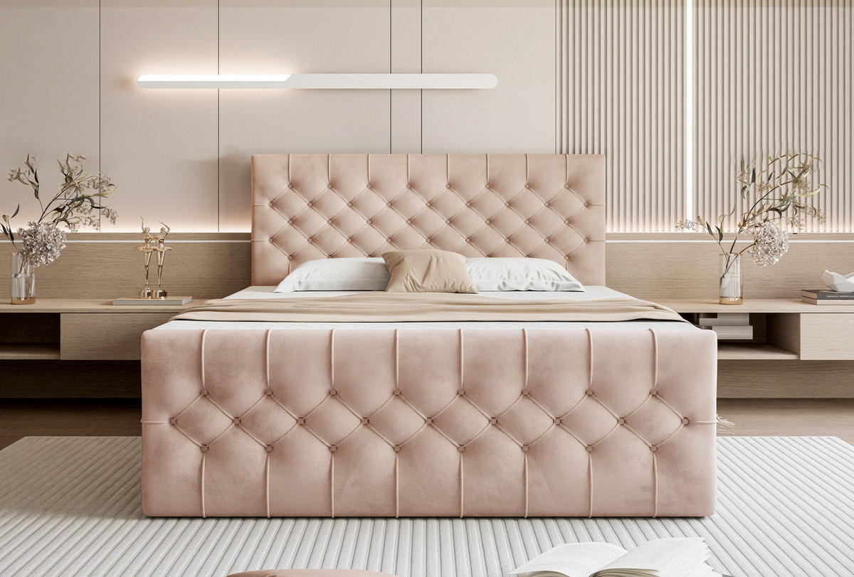 BOXSPRINGBETT Aurora mit Bettkasten, Puderrosa Samt 160x200 cm – inkl. H3 Matratze und Topper - Schwarz/Altrosa, Holzwerkstoff/Kunststoff (160/200cm) - WFL GROUP