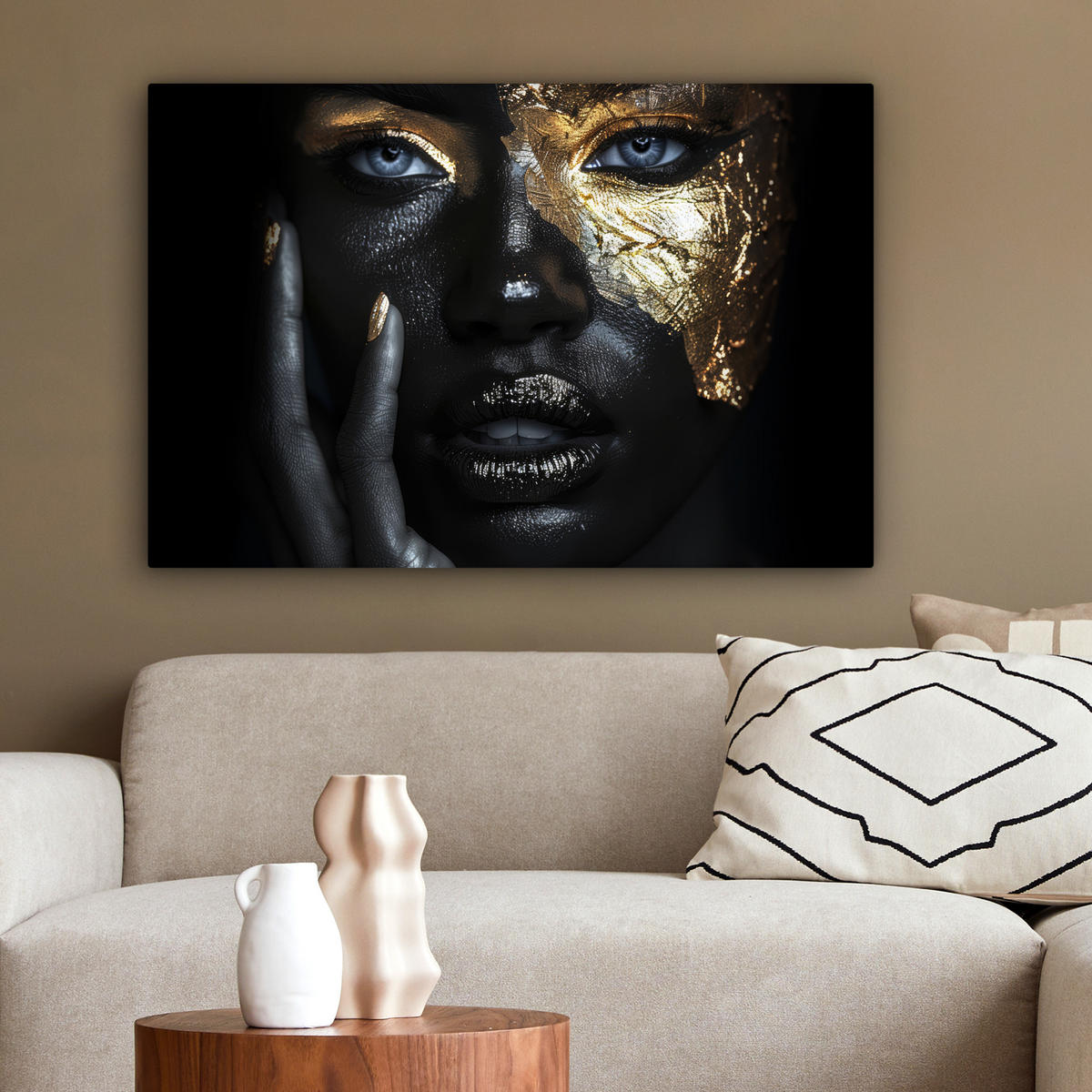 LEINWANDBILD Frau - Gold - Porträt - Schwarz-Weiß - Luxus Gemälde 60x40 cm - Hellblau, Textil (60/40cm) - MuchoWow