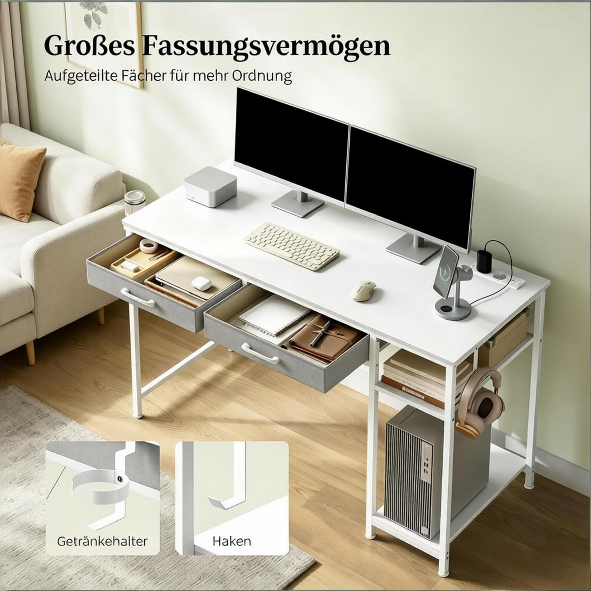 COMPUTERTISCH Weiß 120/51/75 cm mit Stoffschubladen und Stromanschluss - Weiß, Holzwerkstoff (51/120/75cm) - PANGIVO