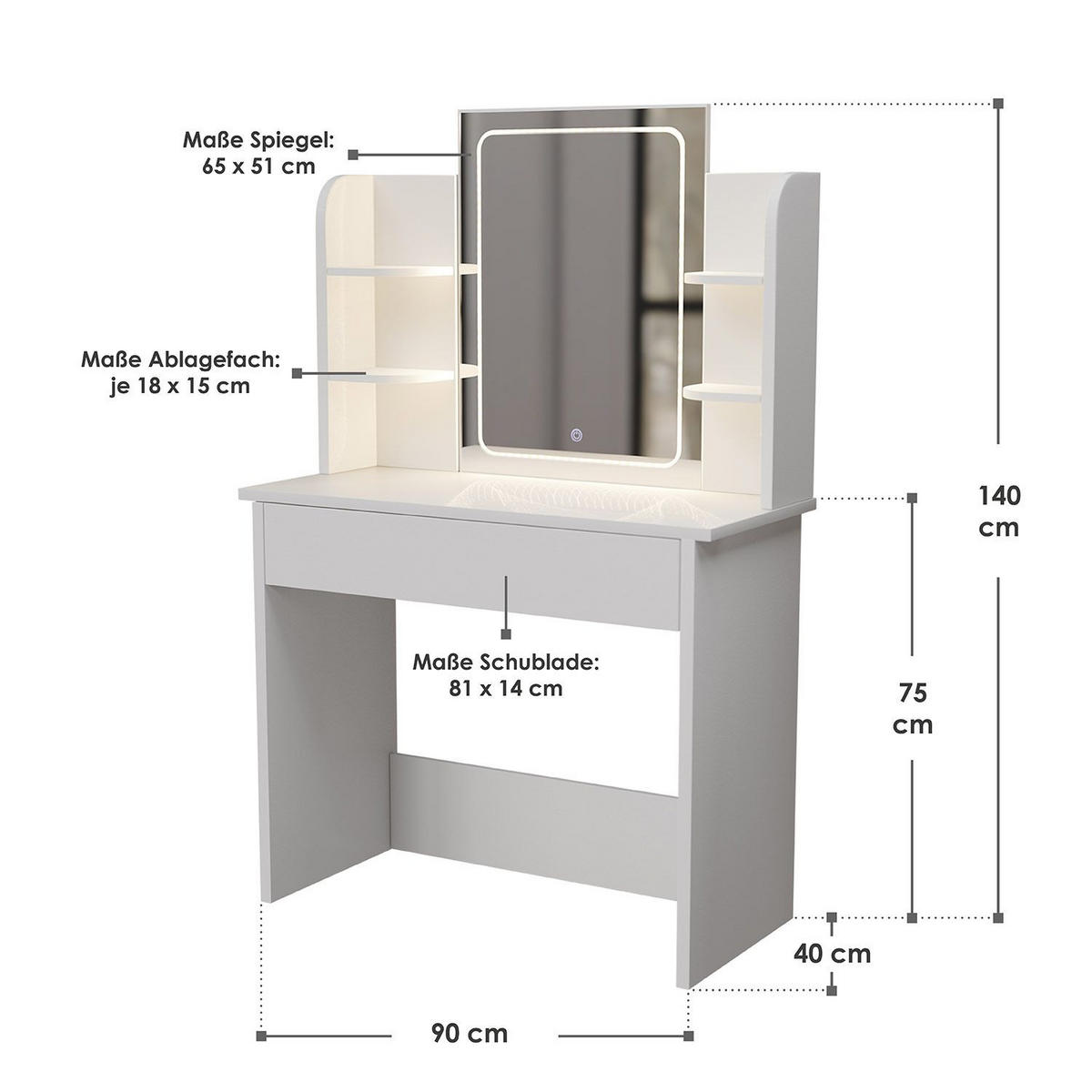 SCHMINKTISCH Zoey mit LED-Spiegel - Weiß, Holz (40/140/90cm) - Juskys
