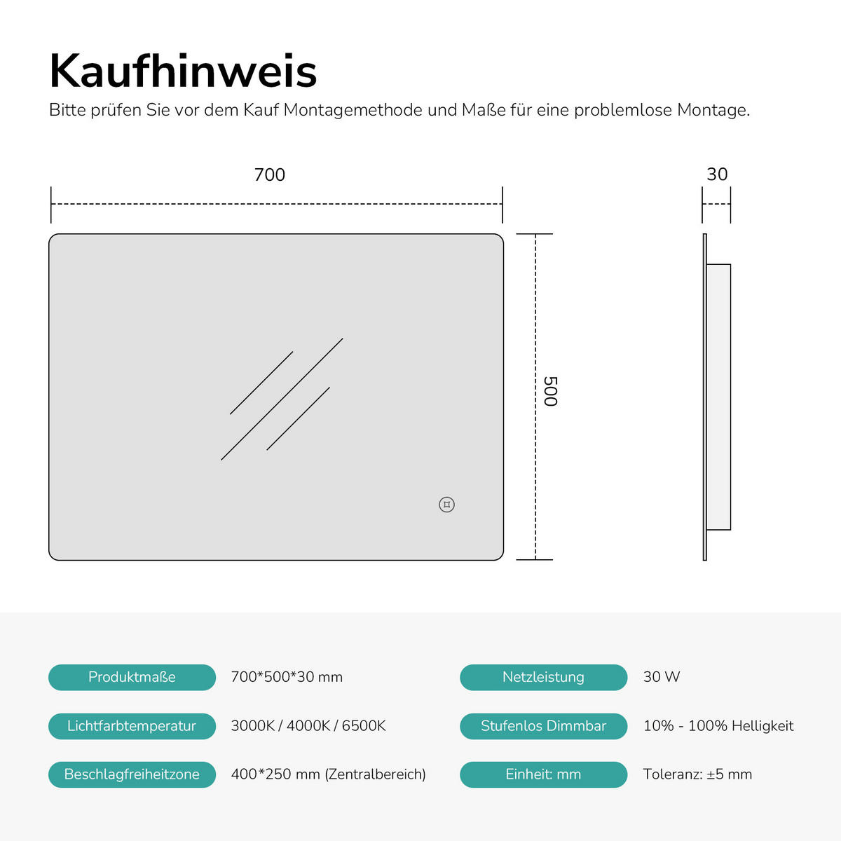 BADSPIEGEL mit Touch-Bedienung Beleuchtung Rechteckig 70/50 cm - Weiß, Glas (50/3/70cm) - EMKE