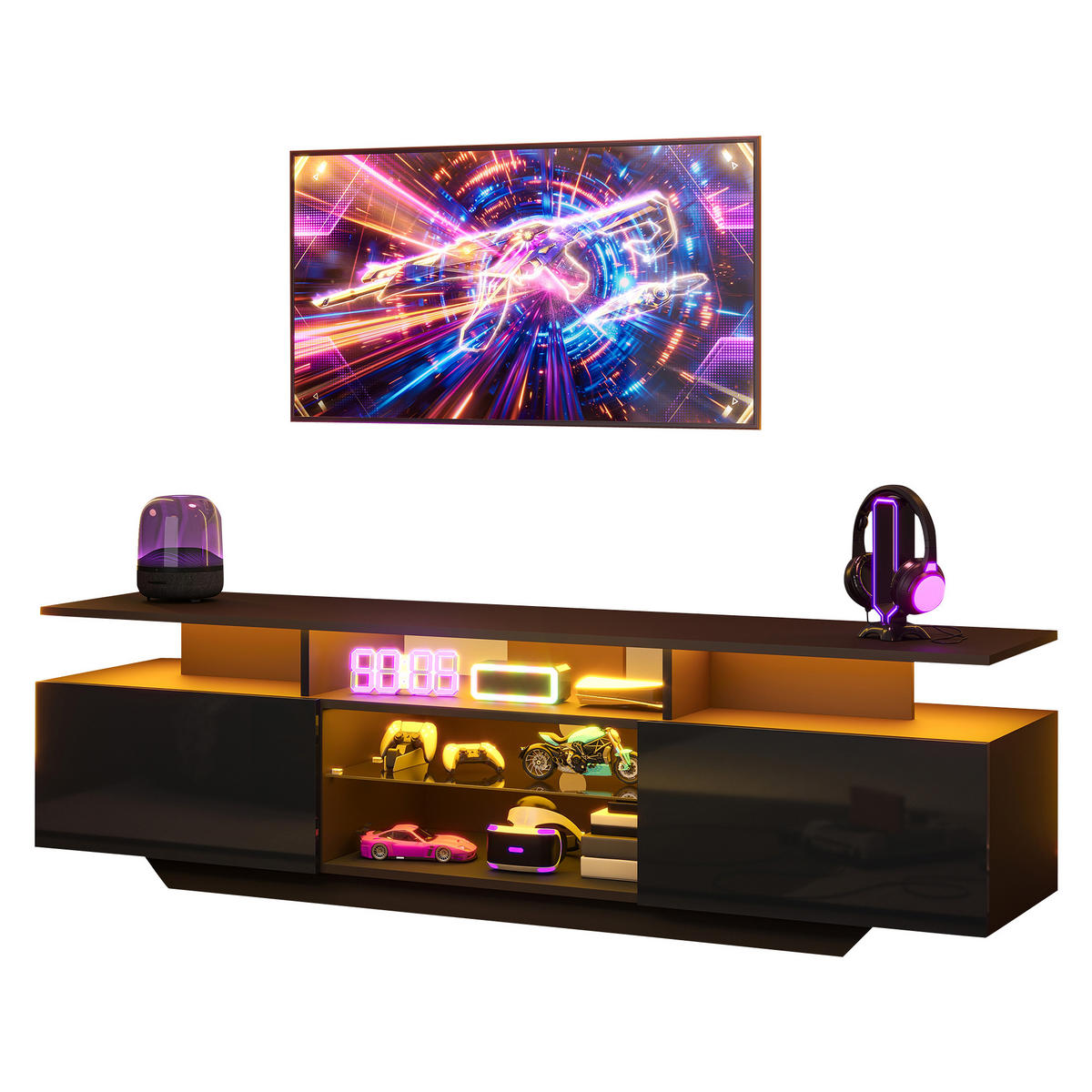 TV-SCHRANK schwarz aus MDF mit gehärtetem Glas und App-gesteuerter USB-LED 160 × 40 × 45 cm - Schwarz, Holzwerkstoff (160/45/40cm) - Luhomfu