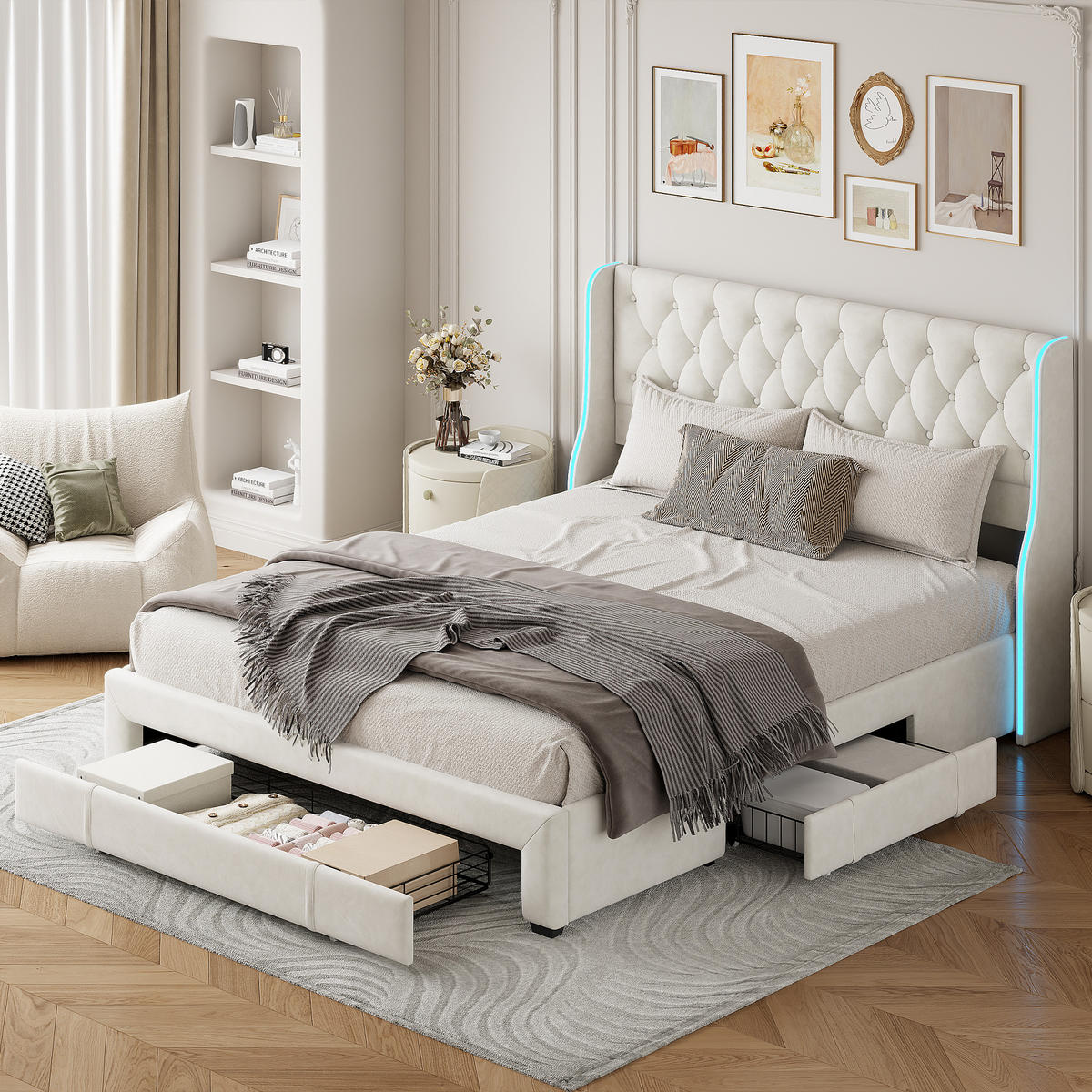POLSTERBETT 160x200 cm, Beige, LED-Beleuchtung und 3 Schubladen - Beige, Textil/Metall (160/200cm)