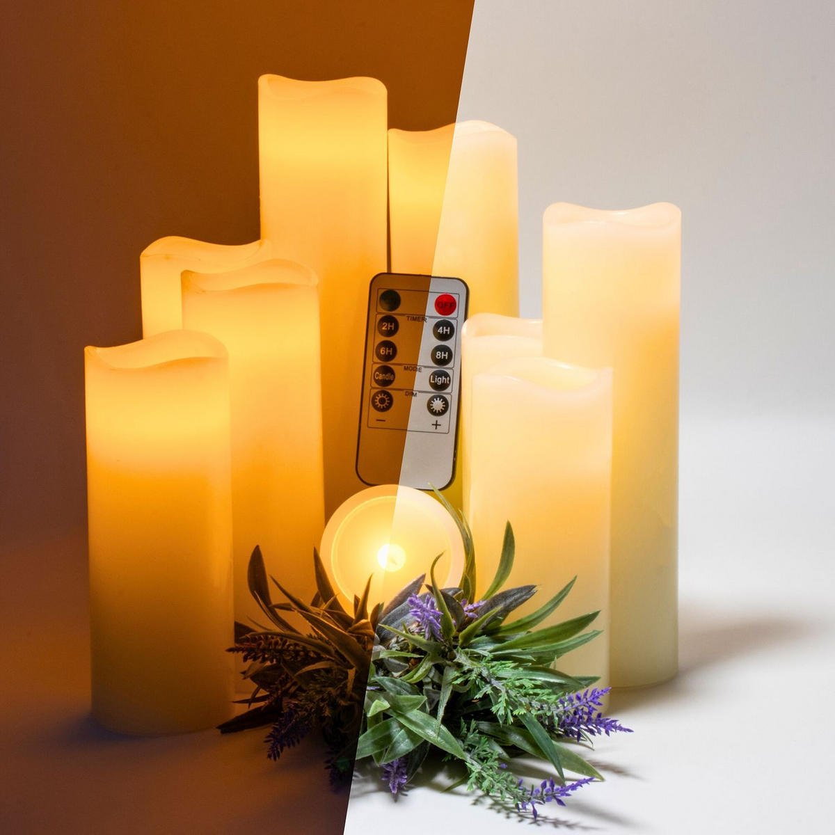 LED KERZEN Set inkl. Fernbedienung (9er-Set) - Weiß, Naturmaterialien (5.5/5.5/20cm) - Intirilife