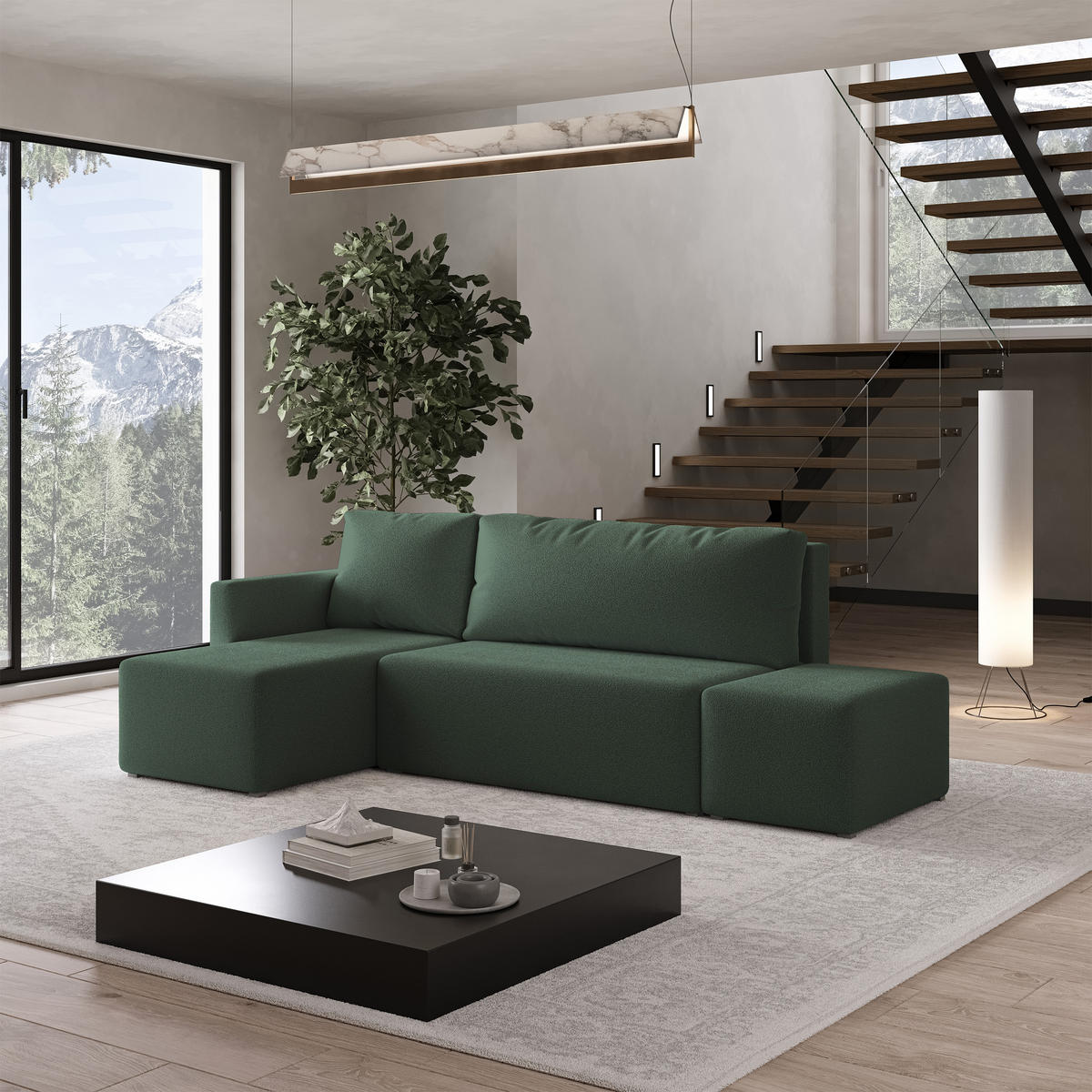 ECKSOFA VELOTTI L-S Grün Boucle-Stoff mit Schlaffunktion - Grün, Holz (261/143cm) - MASSENO