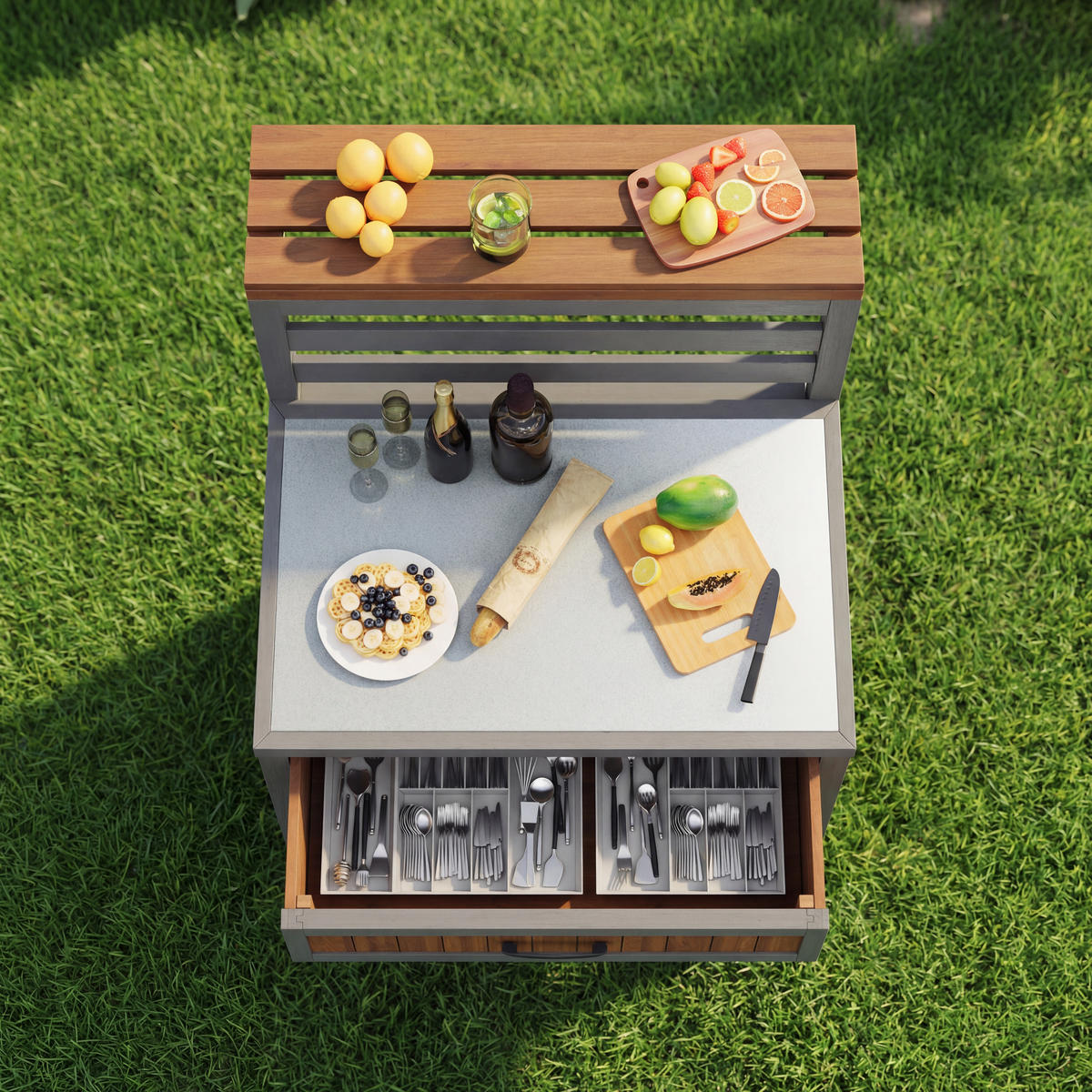 GARTENSCHRANK Holz Edelstahl Arbeitsplatte Outdoor Grillstation - Naturfarben, Holz (72.5/123/80cm) - FLIEKS