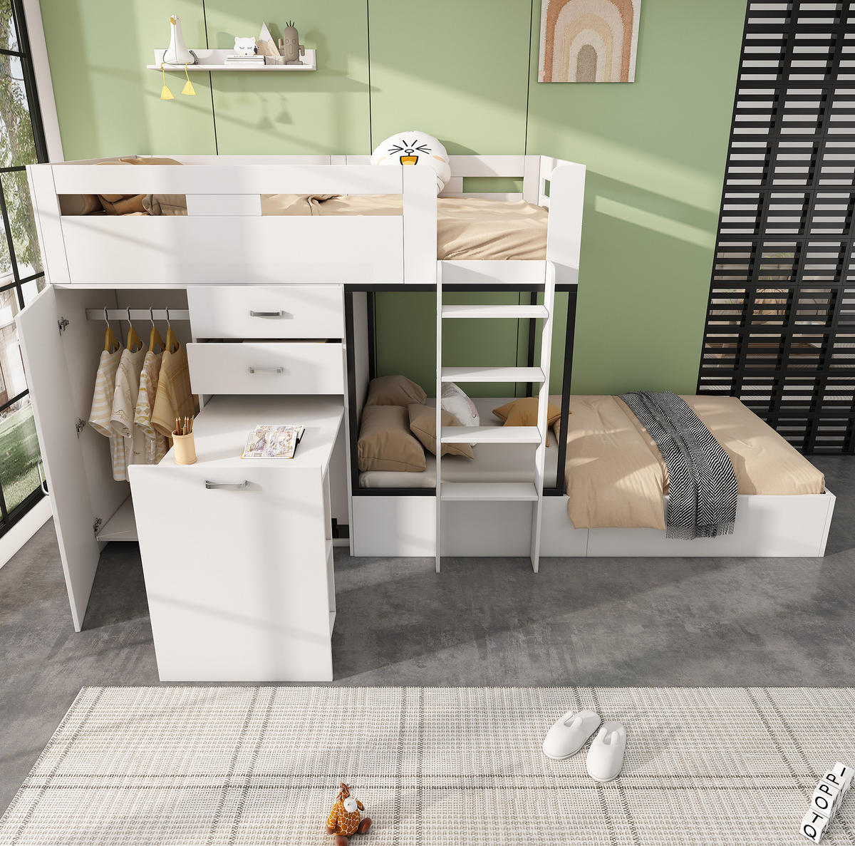 ETAGENBETT 90/200 cm in Weiß/Schwarz mit ausziehbarem Schreibtisch und Kleiderschrank - Weiß, Holzwerkstoff (90/200cm) - Flora Grace