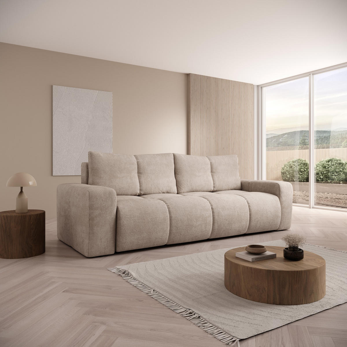 BETTSOFA DUCA Beige Jersey- Stoff mit Schlaffunktion - Beige, Holz (259/90/99cm) - MASSENO