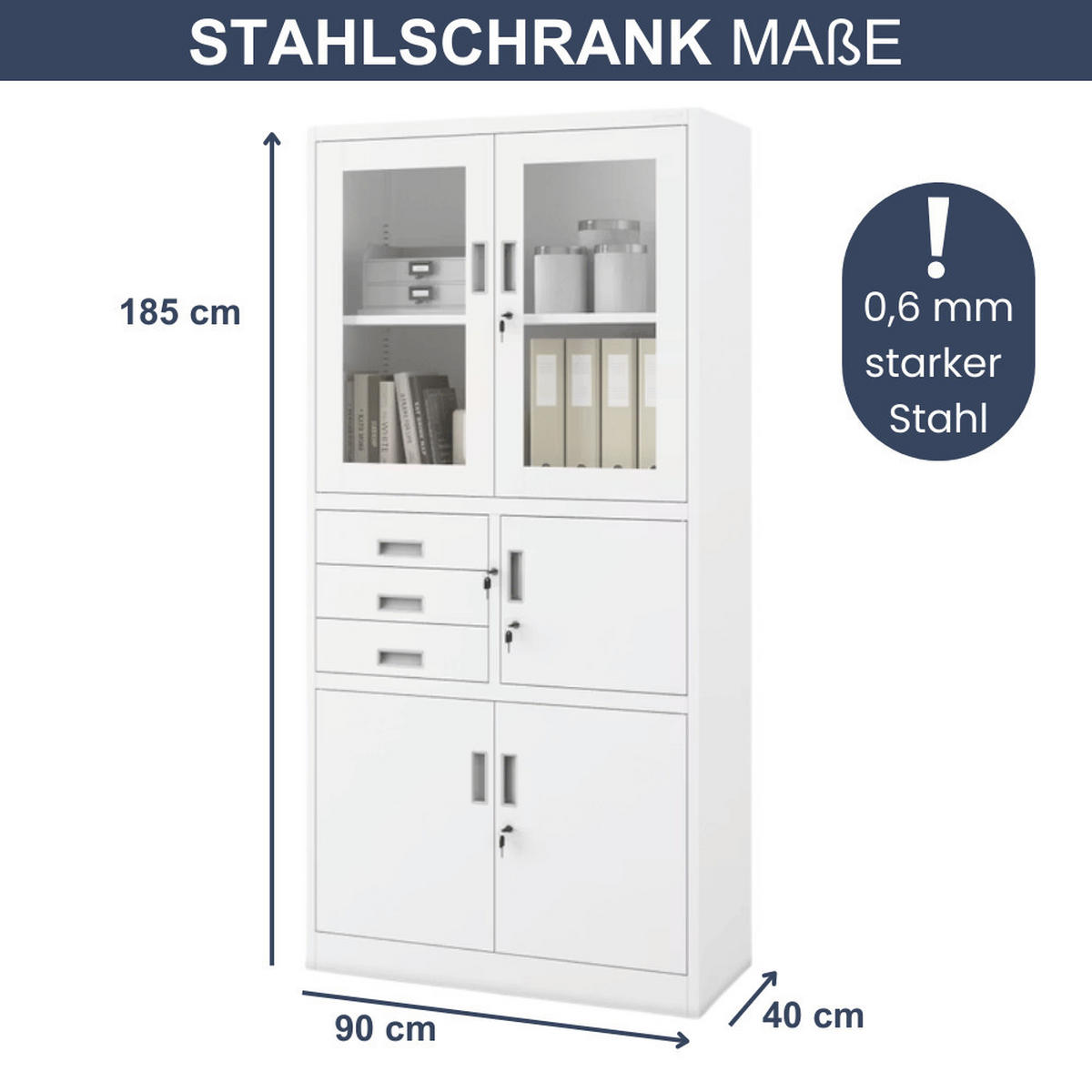 VITRINENSCHRANK abschließbar GEDO mit Tresor 185x90x40cm Weiß - Weiß, Metall (90/185/40cm) - DELUKE