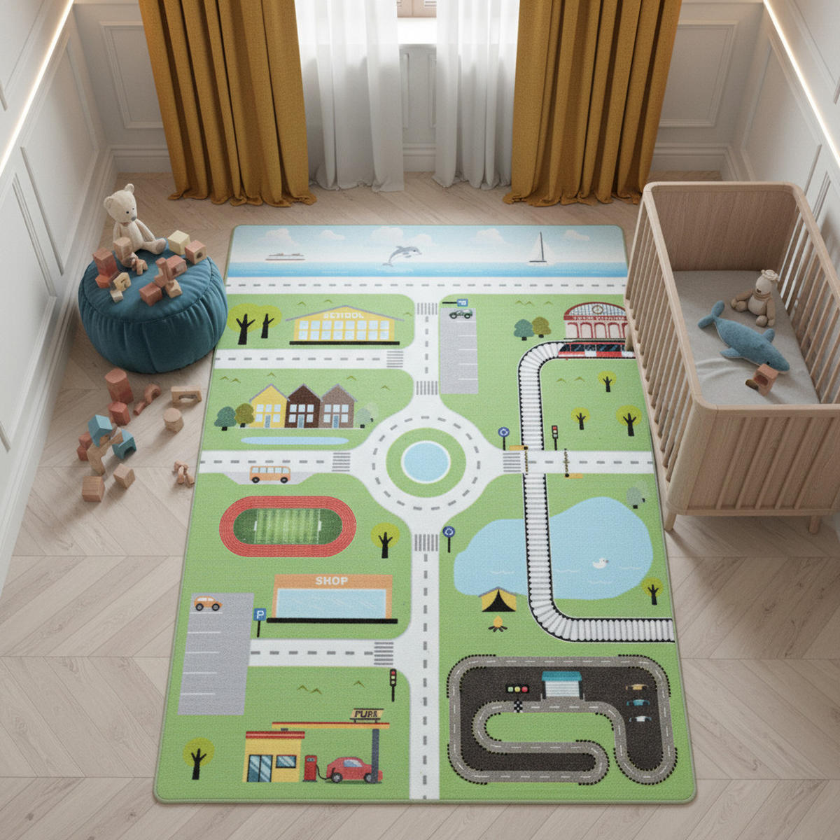 KINDERTEPPICH Spielstraße Pflegeleicht Waschbar Kinderzimmer OEKO-TEX Grün 140x200 cm Flur – TRAUN - Grün, Textil (140/200cm) - KADIMA DESIGN