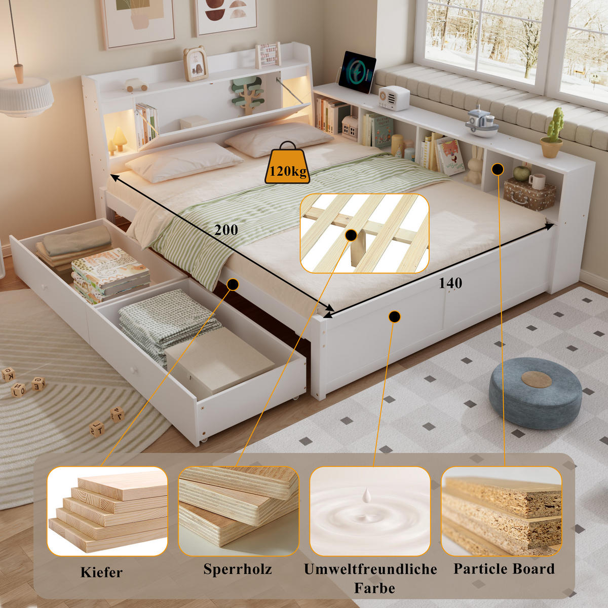 BETT 140x200 cm LED USB Schubladen weiß - Weiß, Holz (140/200cm) - LEBENLANG