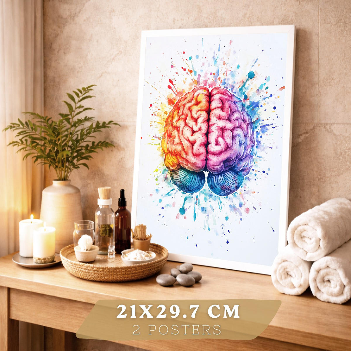 POSTER Set aus 2 Anatomie Drucke und Wandbilder mit Gehirn und Herz Künstlerische Mehrfarbig Aquarell Illustration Wanddekoration Größe Rahmenlos A4 - Klar, Papier (21/29.7/3cm) - Nacnic