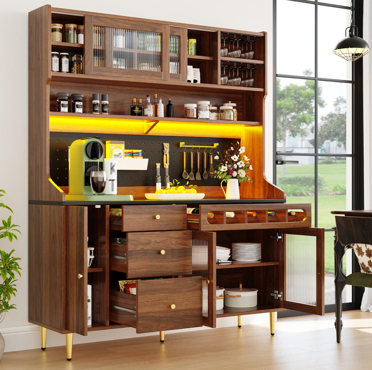 HOCHSCHRANK mit LED und Weinregal 145x39x171 cm Glas/MDF Walnuss - Braun, Glas (39/171/145cm) - Meubliv