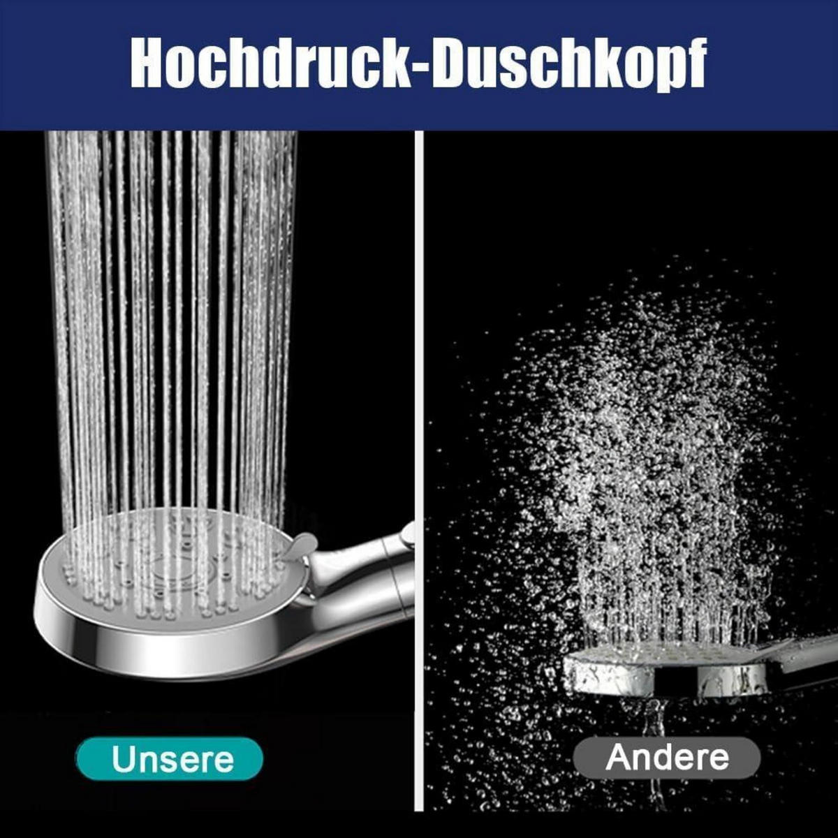 HANDBRAUSE mit Schlauch 1.5m 5 Strahlarten Wassersparend mit Stoppfunktion Chrom - Silberfarben, Kunststoff (9.5/12.7/24cm)