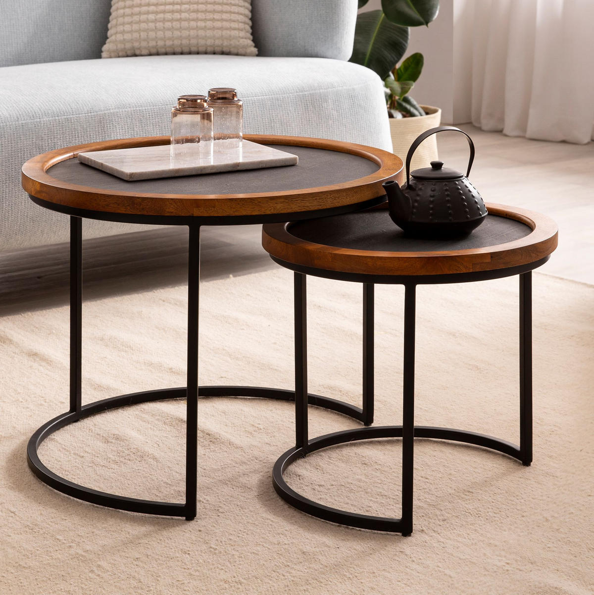 COUCHTISCH Set – 2-teilig Rund Mango Massivholz Steinoptik Metall Braun Anthrazit - Schwarz/Braun, Holz/Metall (60/60/46cm) - KADIMA DESIGN