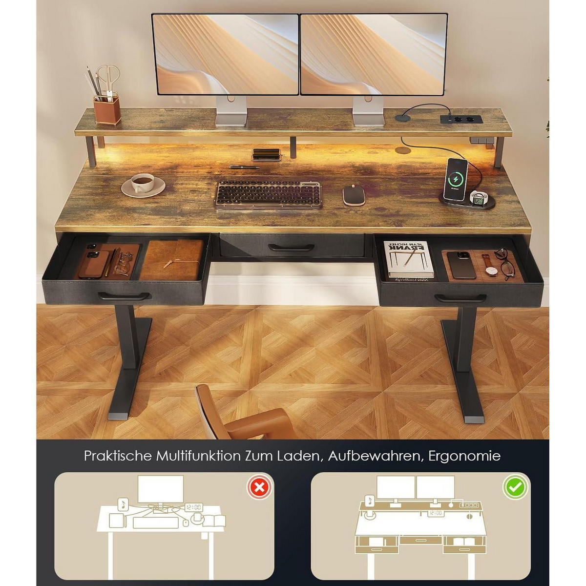 SCHREIBTISCH elektrisch höhenverstellbar 140 cm Braun - Braun, Holzwerkstoff (54/140/78cm)