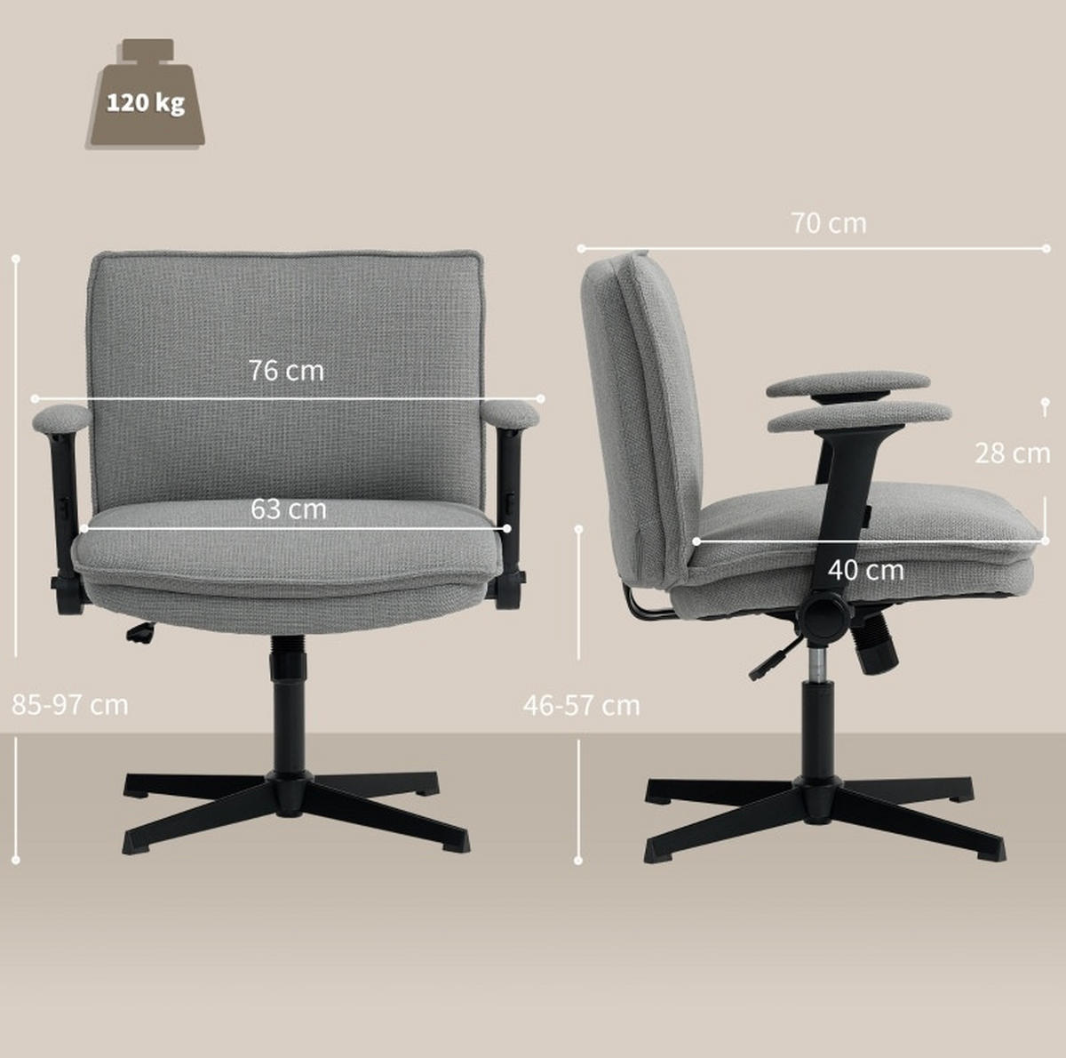 STUHL 76/70/85-97 cm, 63 cm Sitz, höhenverstellbar und drehbar, mit hochklappbaren Armlehnen, Leinenoptik, Grau - Grau, Kunststoff (70/97/76cm) - Redom