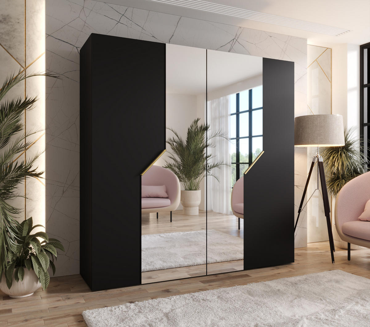 DREHTÜRENSCHRANK 202/200/52 4-türig - Goldfarben/Schwarz, Holz/Metall (200/202/52cm) - Abiks Möbel