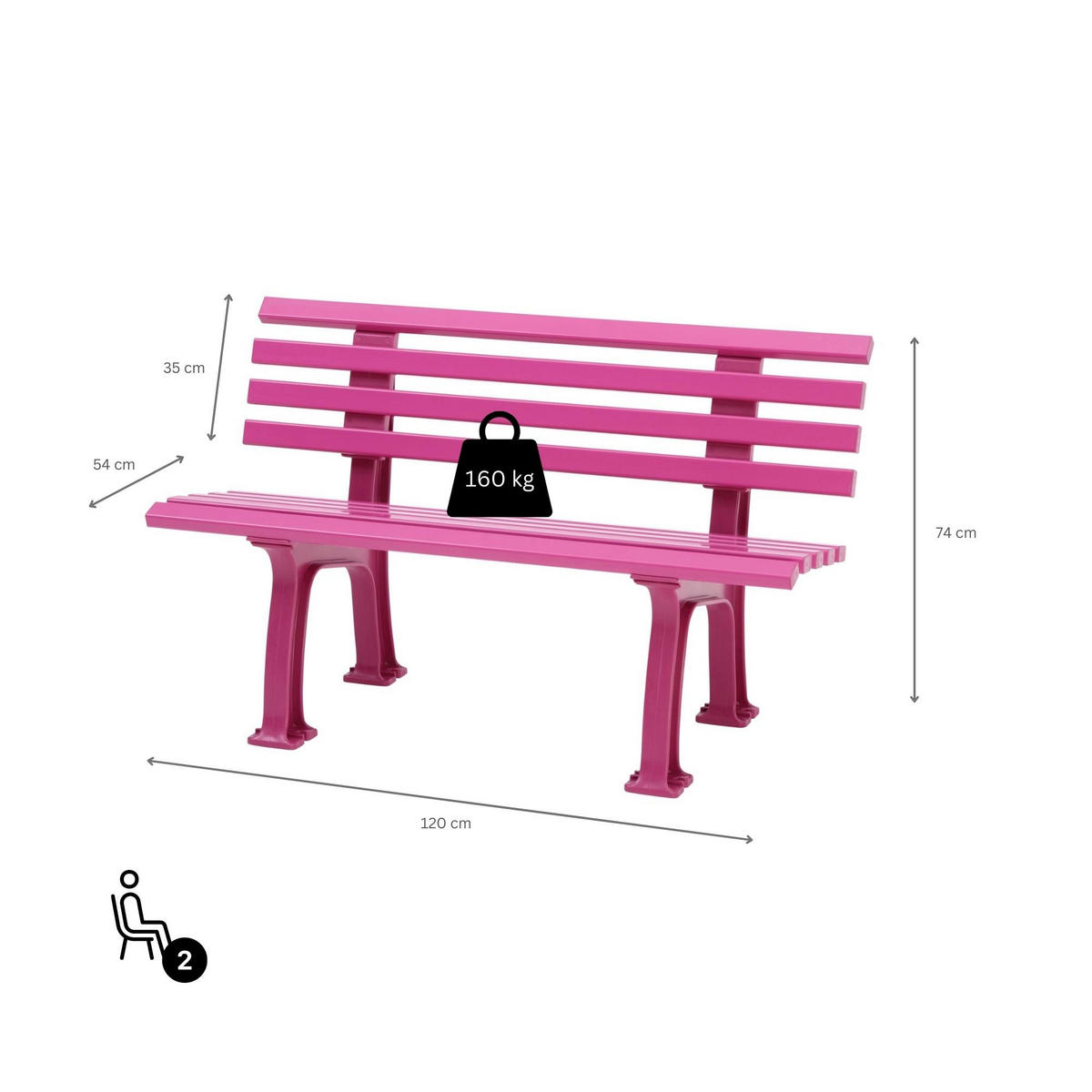 GARTENBANK Antigua 2 Sitzer Flieder 74 x 120 x 54 cm Witterungskunststoff & UV Beständiger Kunststoff - Pink, Kunststoff (120/74/54cm) - PROREGAL