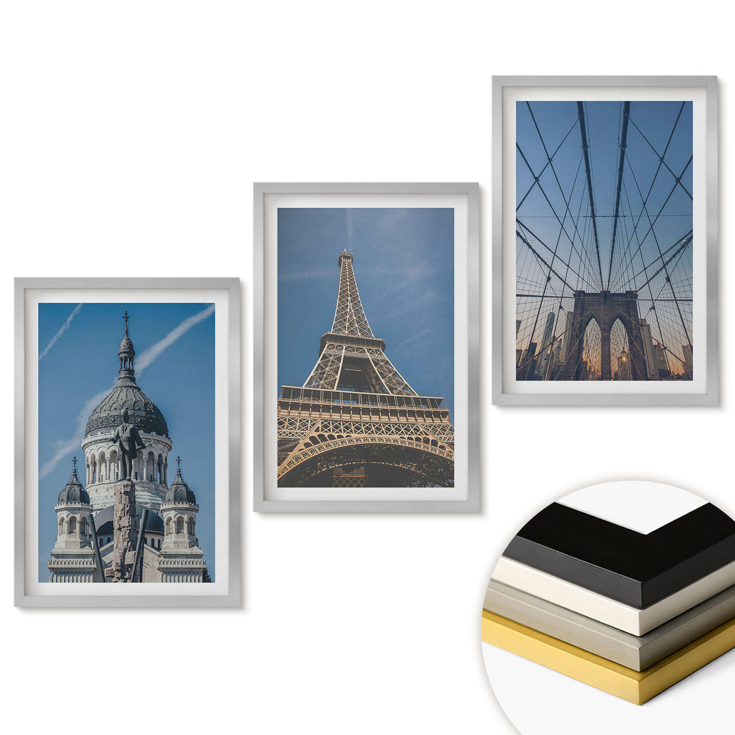 WANDBILDER 3er Set - 40x60 cm Silberner Rahmen - Ansichten von Gebäuden aus Städten auf der ganzen Welt - Silberfarben, Kunststoff (40/60cm) - ArtPrintCave