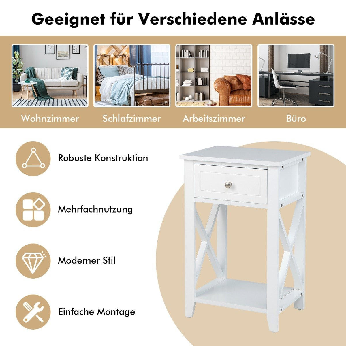 NACHTTISCH Weiß Holzwerkstoff 40/30/61.5 cm 2-teilig - Weiß, Holzwerkstoff (40/61.5/30cm) - Gemütlich Home