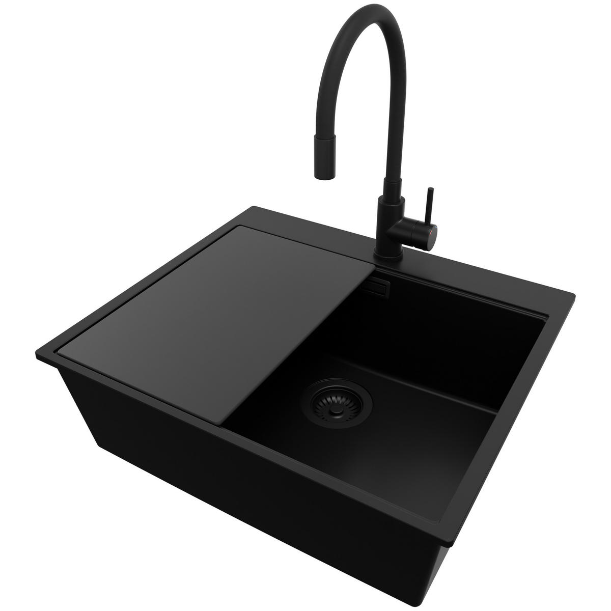 GRANITSPÜLE Oslo, 2-er set Alles Schwarz 58/50 cm 1 Becken + Küchenarmatur 40/38 cm + Ablauf-Set + Schneidebrett ab 60er Unterschrank - Schwarz, Kunststoff (58/20/50cm) - Primagran