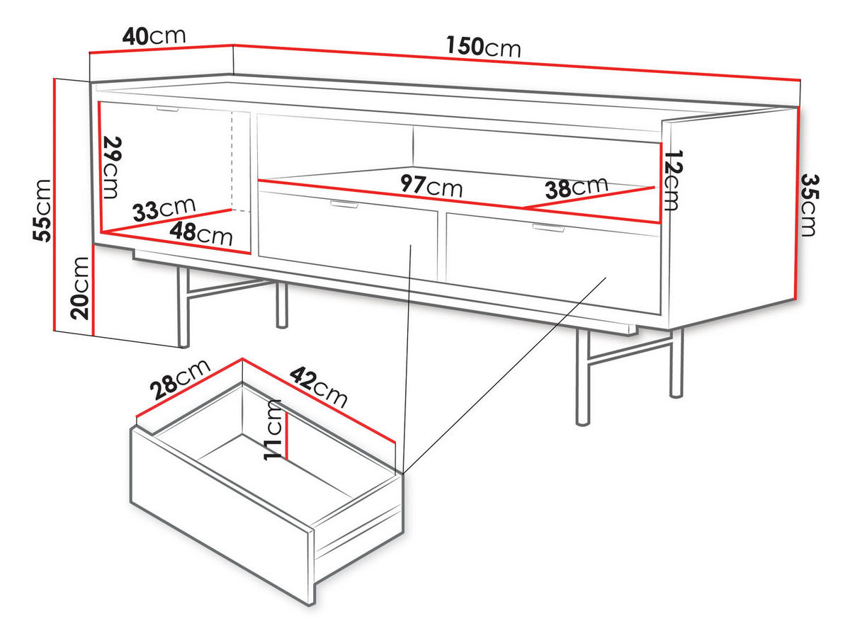 TV-LOWBOARD Edison 150 - Nussbaumfarben/Schwarz, Holzwerkstoff/Metall (150/55/40cm) - MIRJAN24