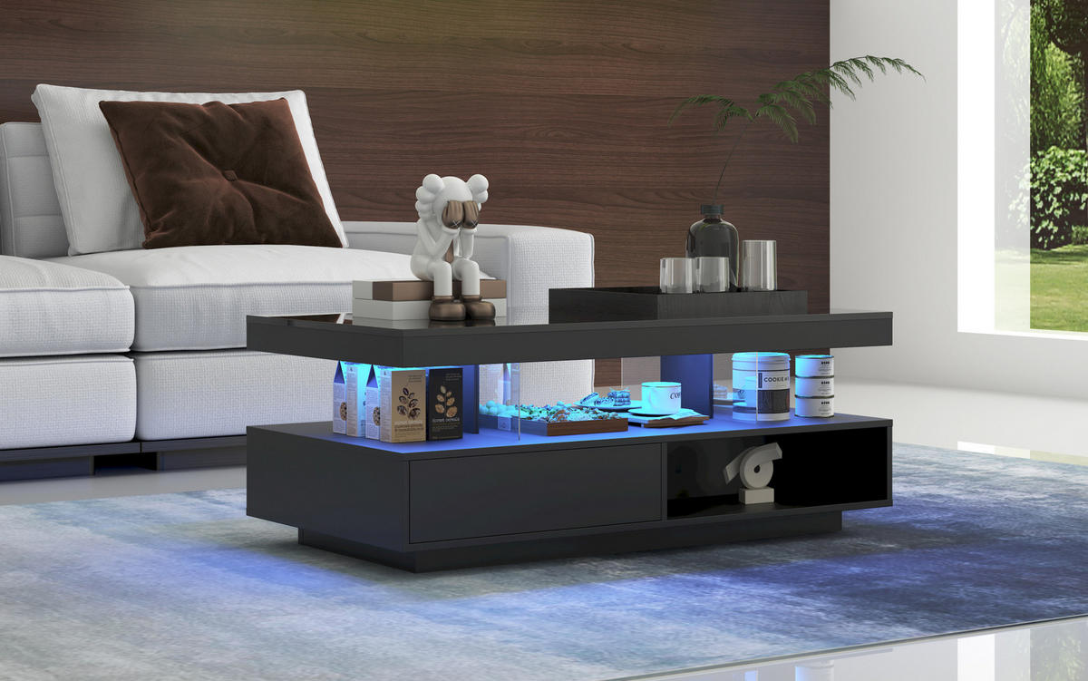COUCHTISCH aus Spanplatte 95x50x42,5 cm Schwarz mit LED-Beleuchtung, 2 Schubladen und offenen Fächern - Schwarz, Holzwerkstoff (95/50/42.5cm) - IVMEU