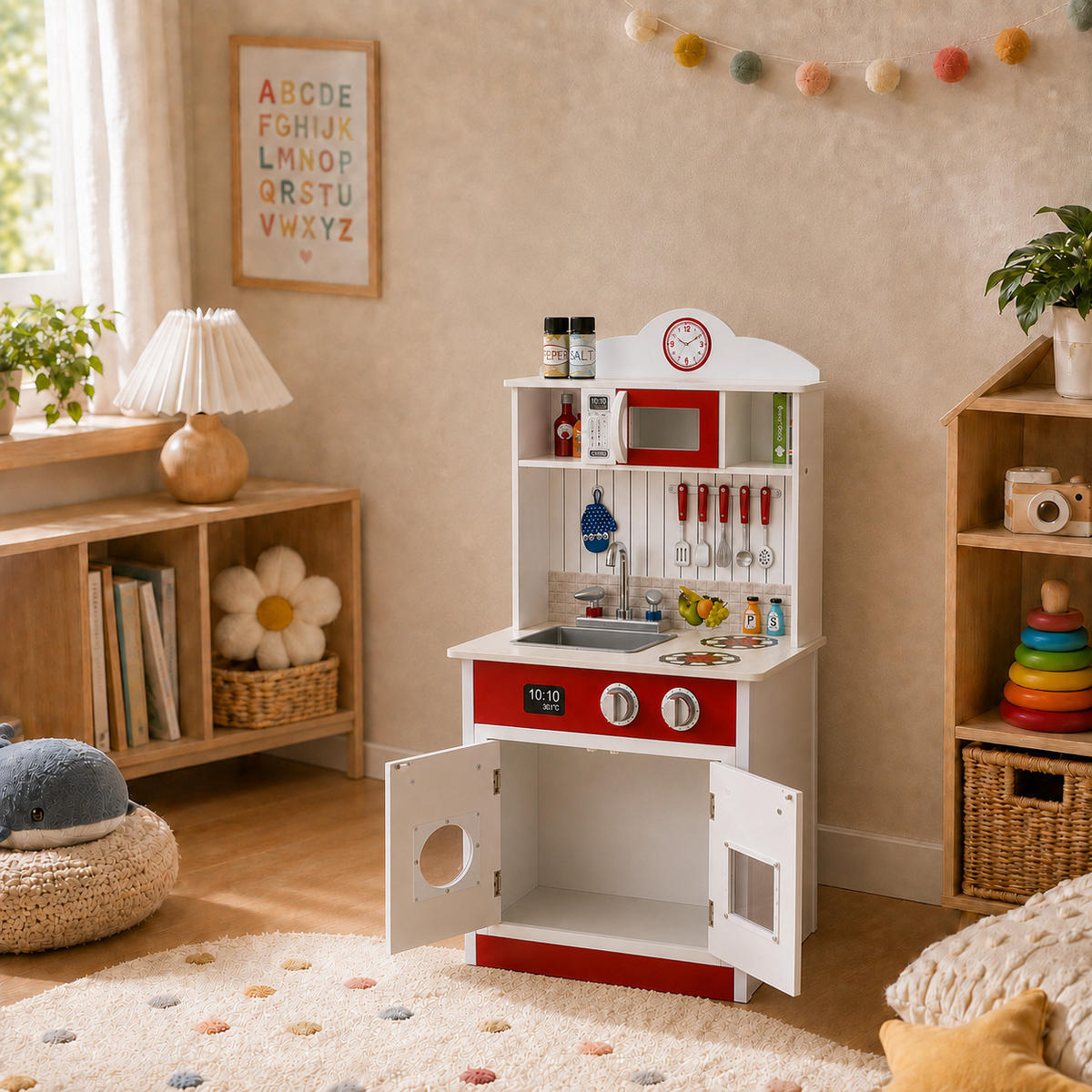 KINDERKÜCHE Spielküche, Rot/Weiß, 93cm - Rot, Holzwerkstoff (48/32/93cm) - Teamson Kids