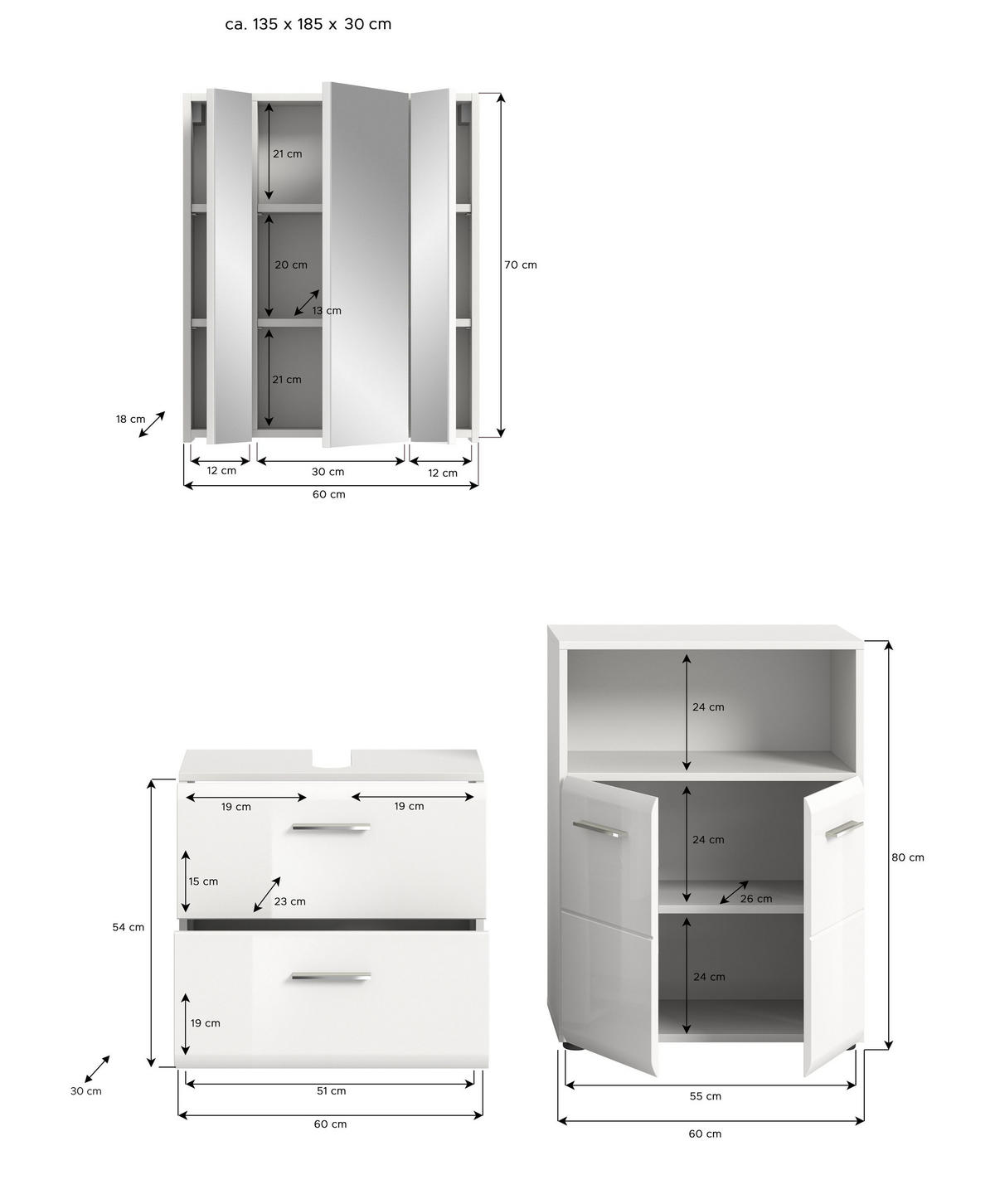 BADKOMBINATION Ice 135x185x30 cm weiß Hochglanz MDF 3tlg. - Weiß, Holz (135/185/30cm)