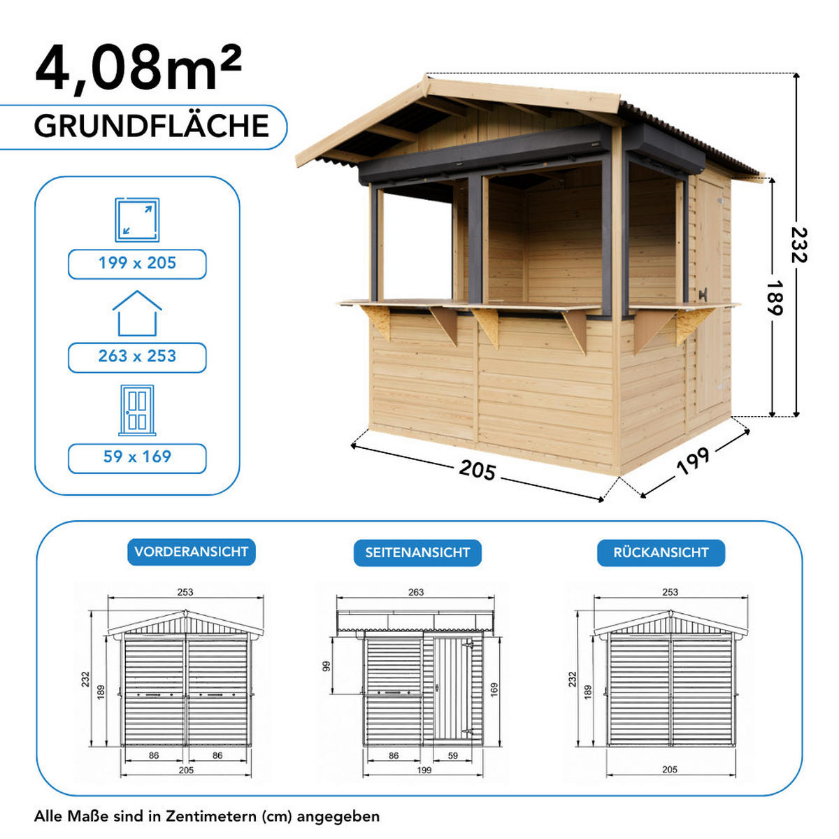 VERKAUFSSTAND aus Holz mit Rollläden 4 m², zerlegbarer Marktstand mit 4 abschließbaren Rollläden für Märkte und Events - Naturfarben, Holz (253/232/263cm) - Timbela