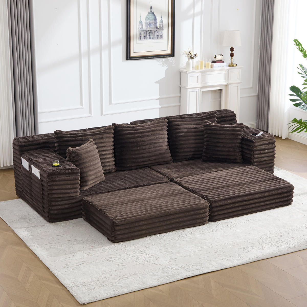 SCHLAFSOFA 273/98/87 cm Kaffee mit beidseitigen Taschen und Getränkehaltern - Mokka, Textil (107.48/34.25/38.58cm) - Oxeza