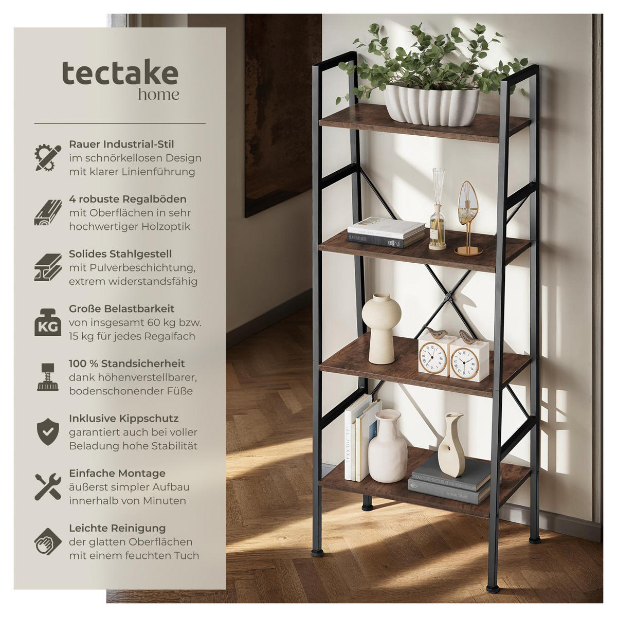 LEITERREGAL Newcastle,inklusive Kippschutz, 57,5 x 35,5 x 139 cm,Industrial Holz dunkel, rustikal - Rostfarben, Holz (35.5/139/57.5cm) - tectake