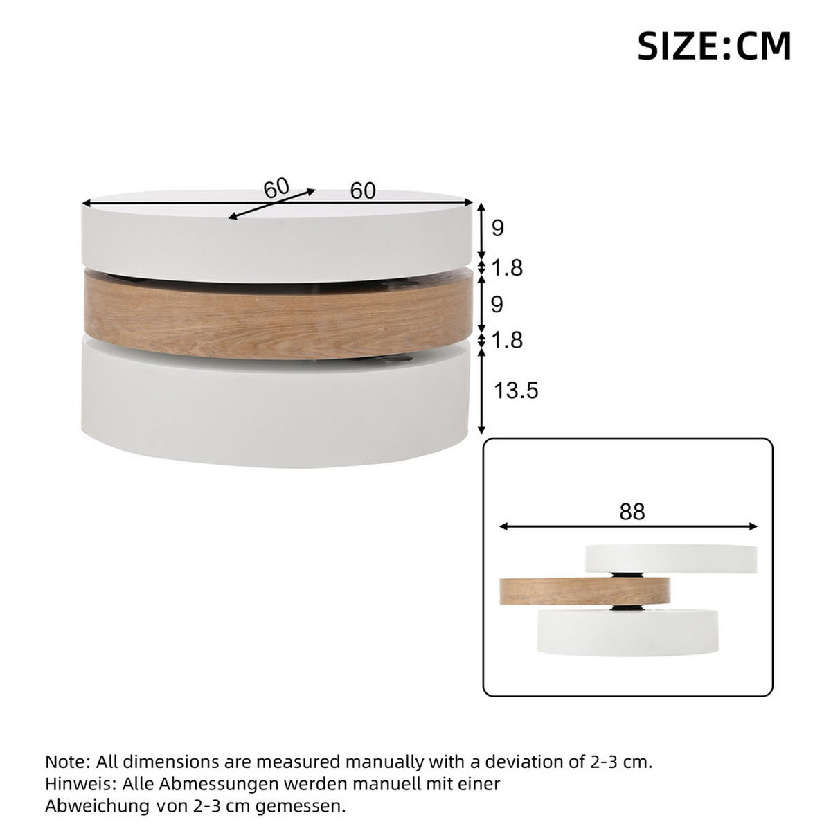 COUCHTISCH 60x60cm Zylindrisch 360° Drehbar 3-stufig Weidenholz 30kg - Weiß, Holz (68/68/41cm) - FLIEKS