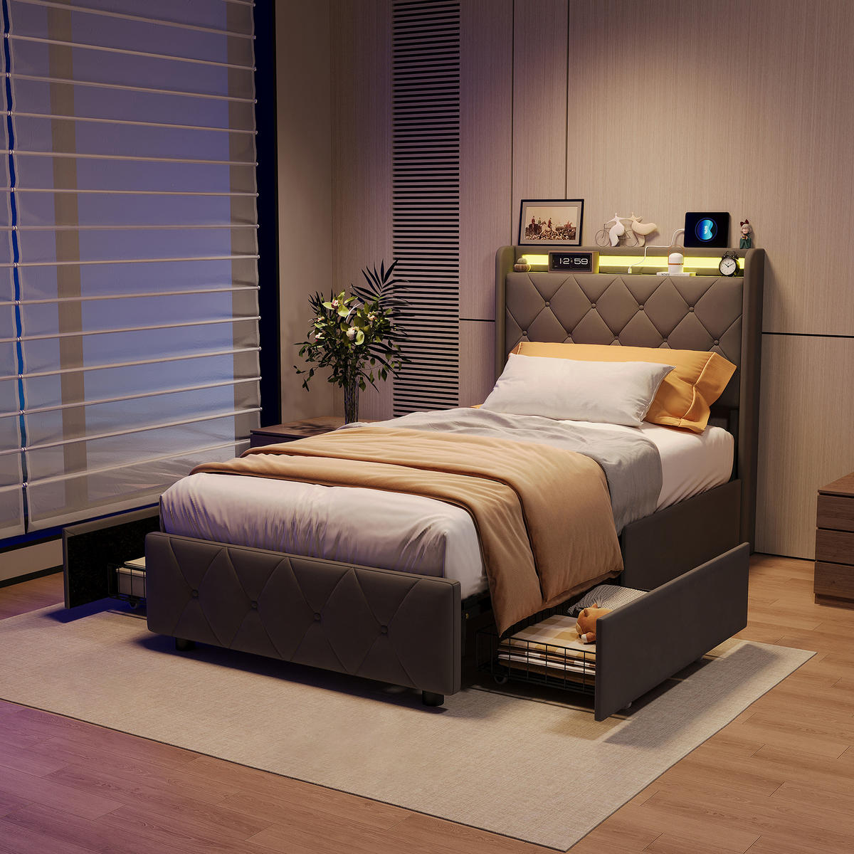 POLSTERBETT 90x200 cm, Zwei Schubladen mit Rollen, RGB LED, USB-/Typ-C-Anschlüsse, Samtstoff, Grau - Grau, Holz (90/200cm) - BRILVERDE