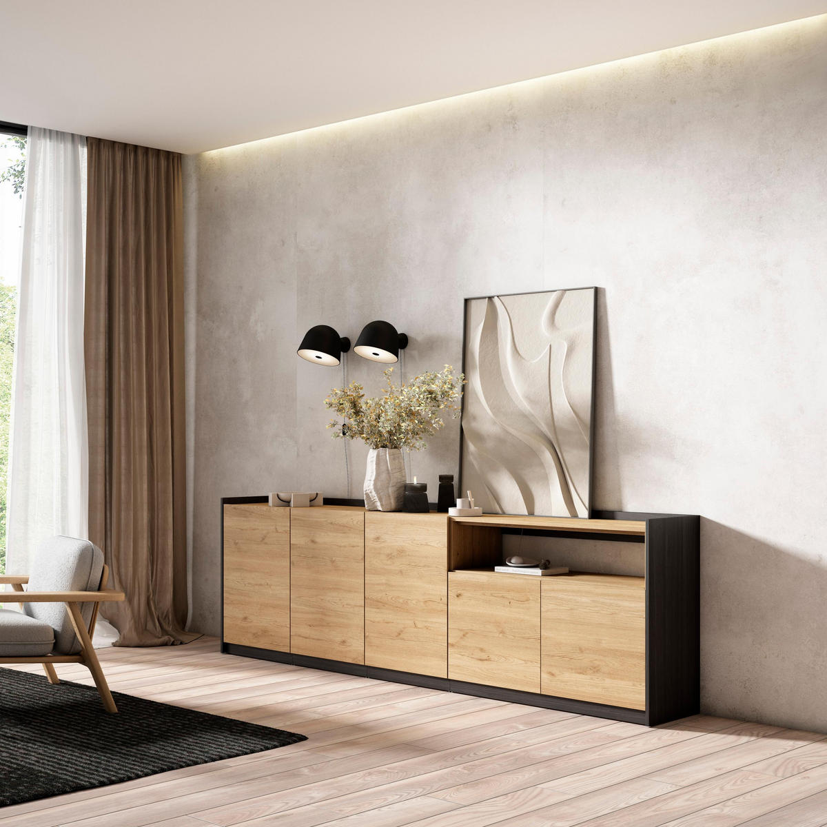 SIDEBOARD, Highboard, Eiche Schwarz, 260/37/80cm - Eichefarben, Holzwerkstoff (260/80/37cm) - Skraut Home