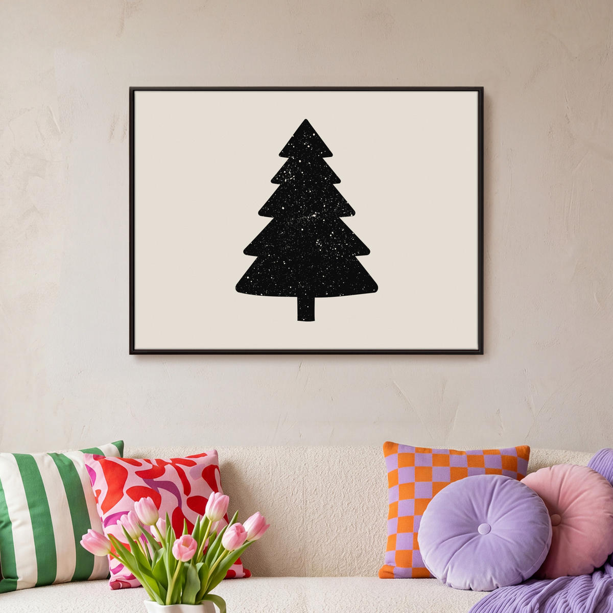 LEINWAND Bilder mit Rahmen - Weihnachtsbaum - Schwarz - Urlaub - Beige - 70x50 - Schwarz, Textil (70/50cm) - MuchoWow