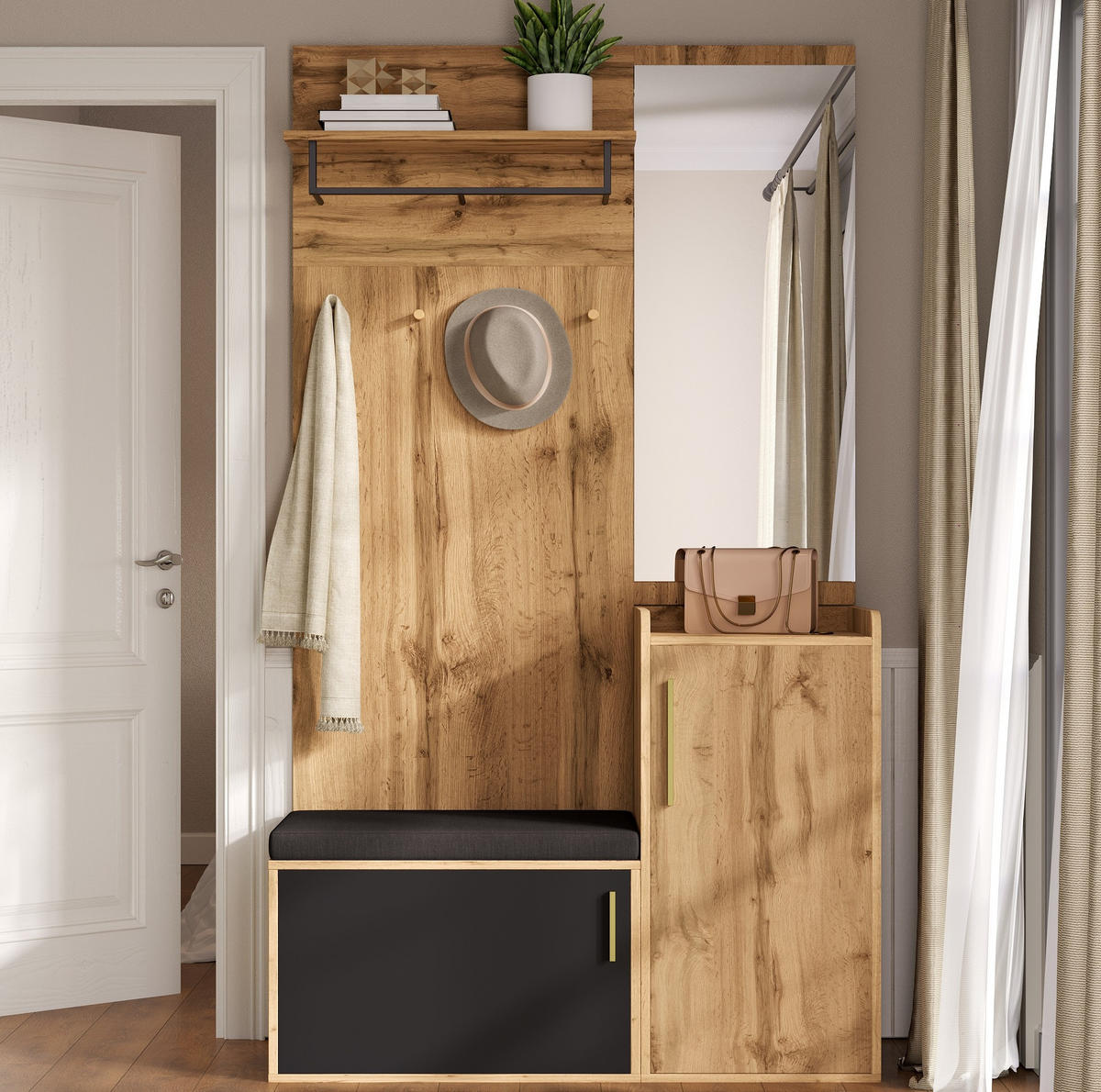 GARDEROBE mit Spiegel und Sitzbank 100 x 38 x 185 cm Eiche-Schwarz - Schwarz, Holzwerkstoff (38/185/100cm) - Beauniv