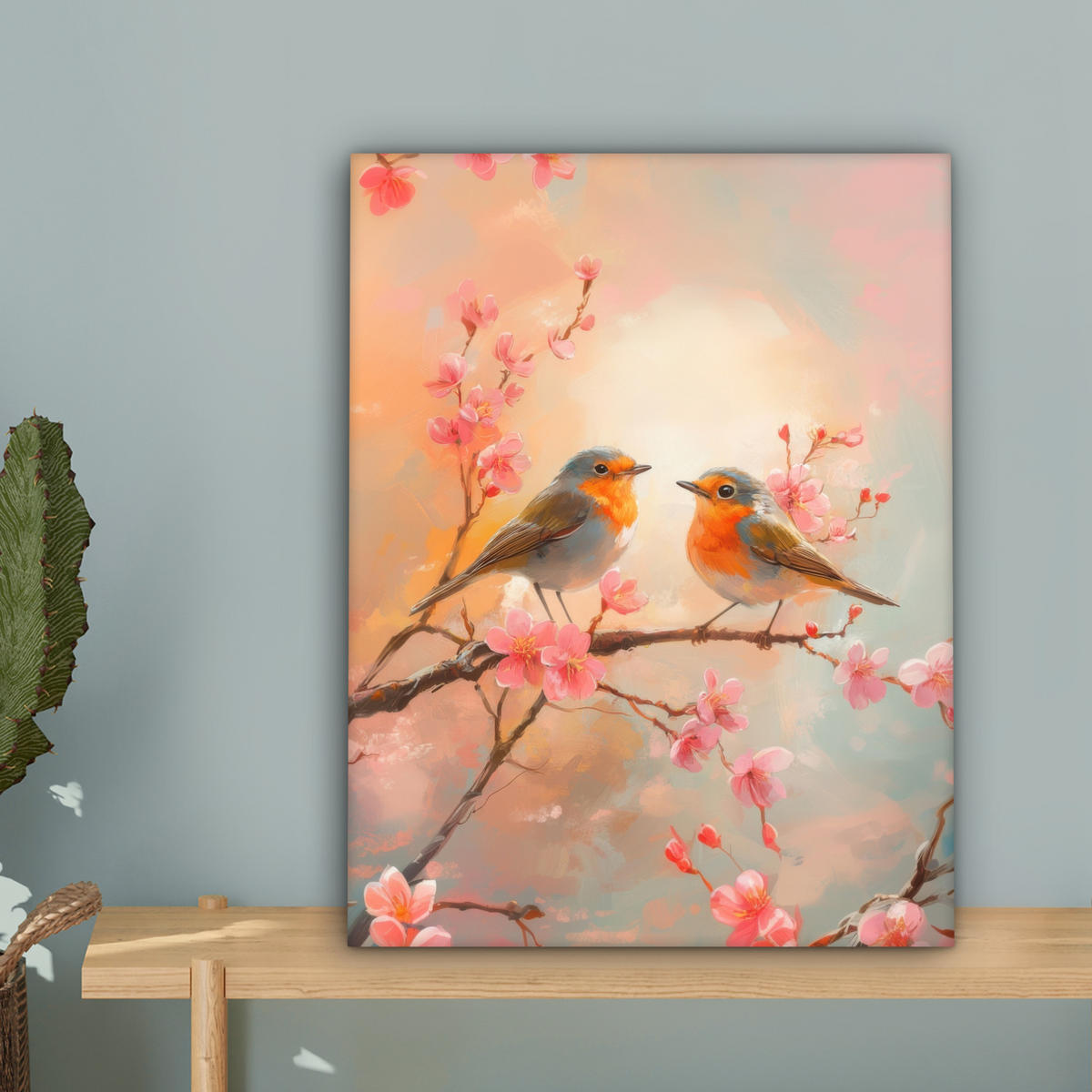 LEINWANDBILD Rotkehlchen - Zierpflanze - Blütenzweig 30x40 cm - Hellrosa, Textil (30/40cm) - MuchoWow