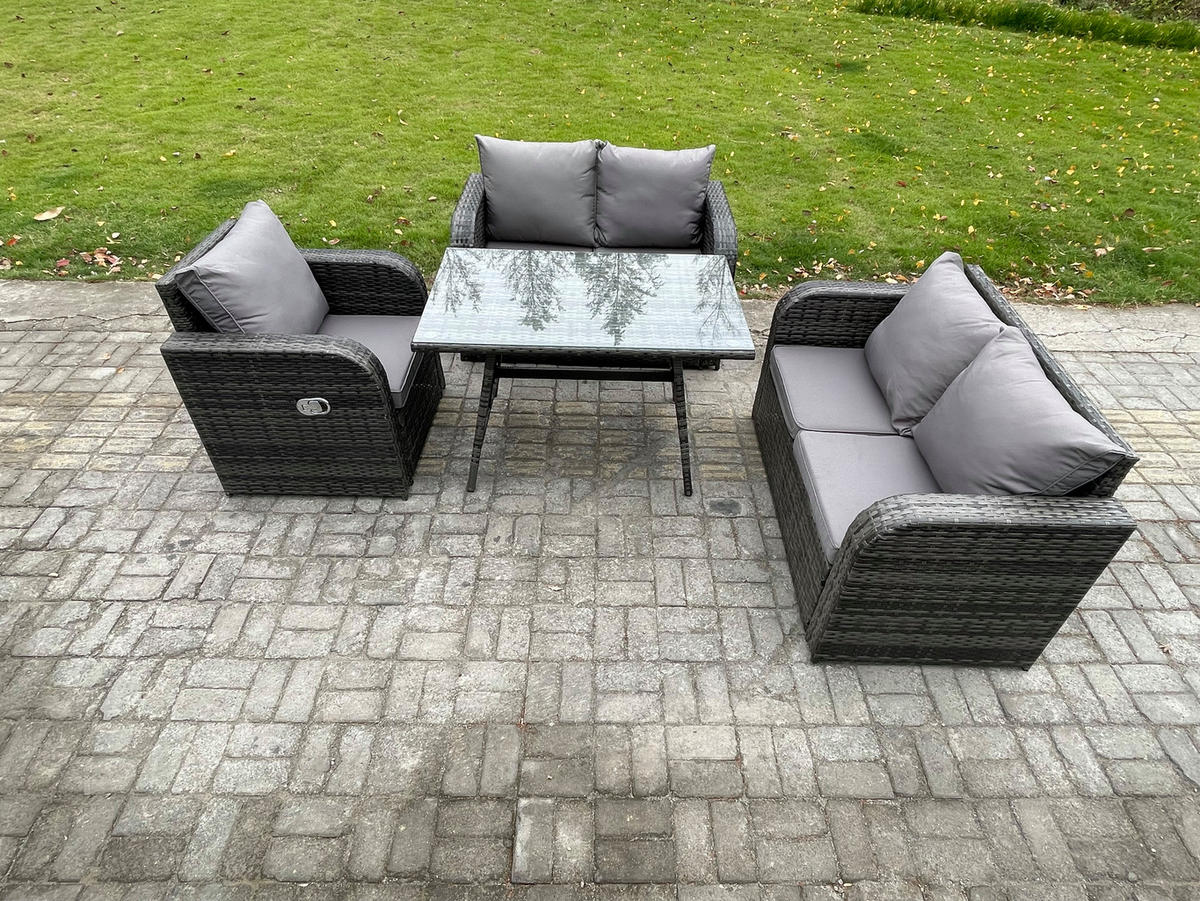 BALKONSET mit ESSTISCH SOFA Polyrattan Dunkelgrau 5-Sitzer - Dunkelgrau/Grau, Glas/Kunststoff - Fimous