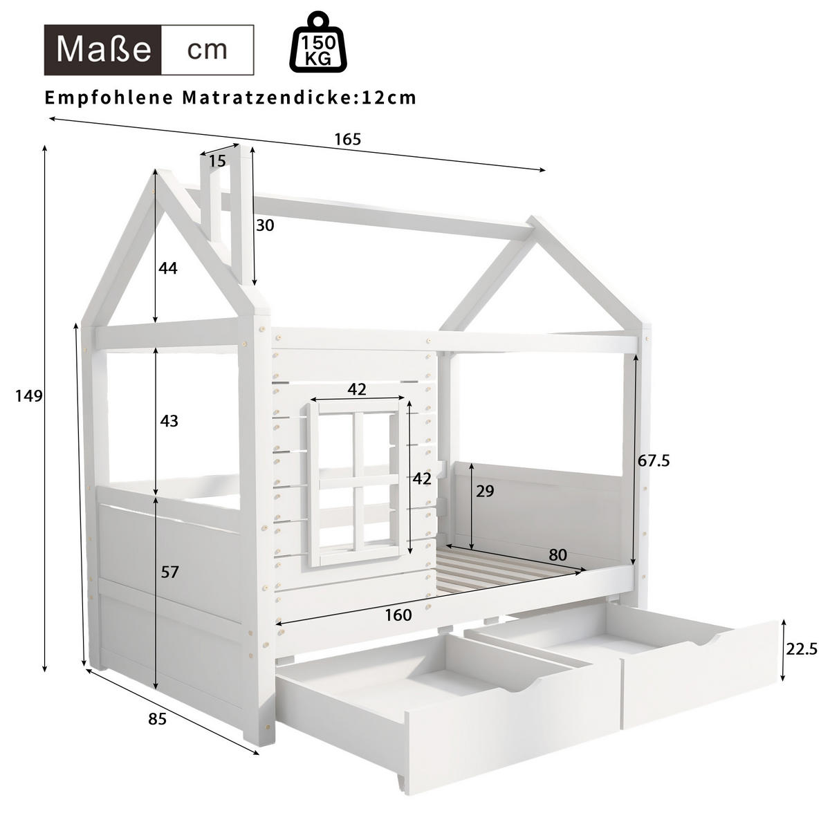 HAUSBETT 80/160 cm Weiß aus Kiefer Massivholz mit Rausfallschutz - Weiß, Holz (80/160cm) - OKMYHOME