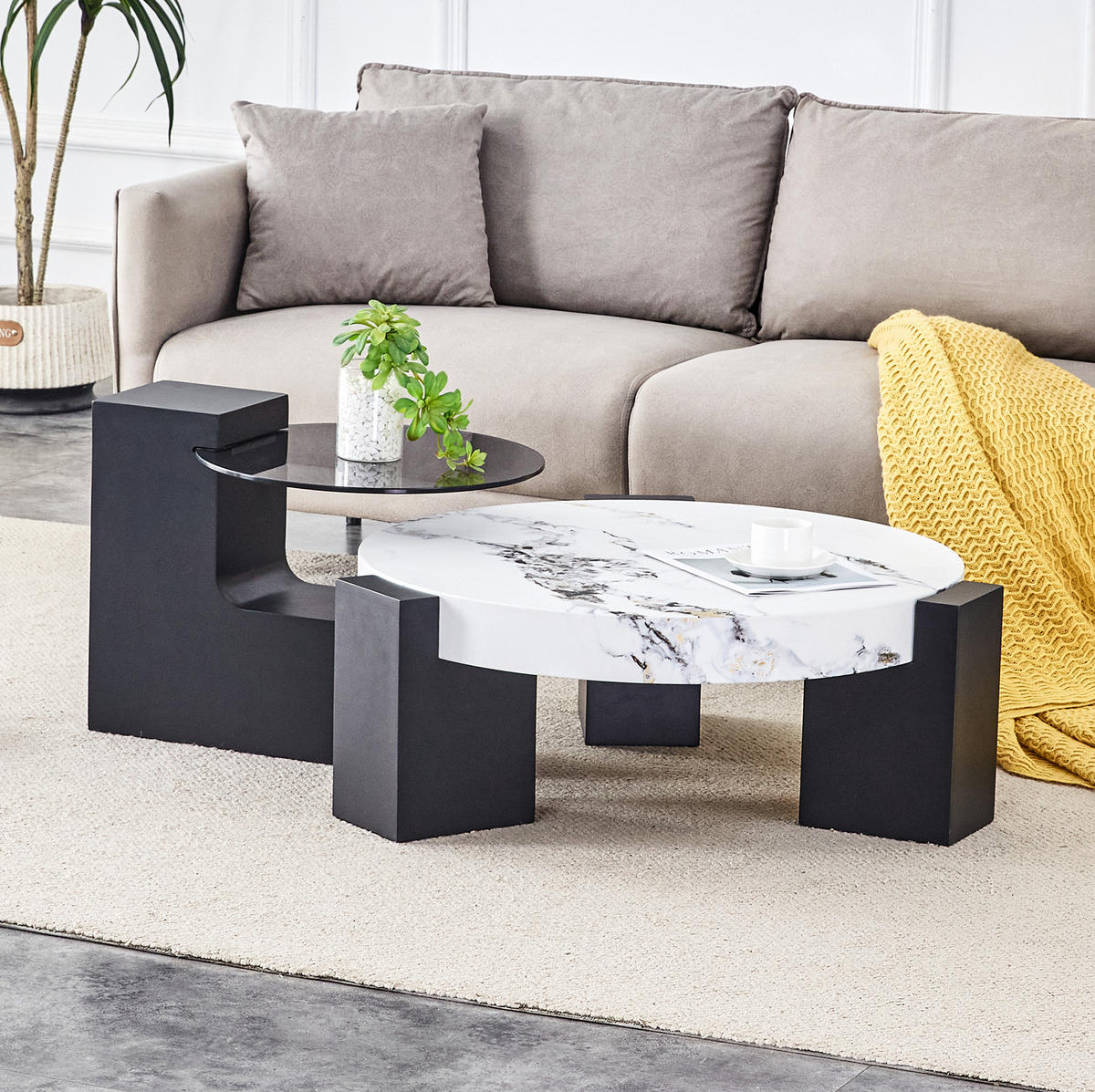 COUCHTISCH 2er-Set rund 61/44 cm Marmor-Optik Schwarz - Weiß, Glas (61/61/39cm) - Meubliv