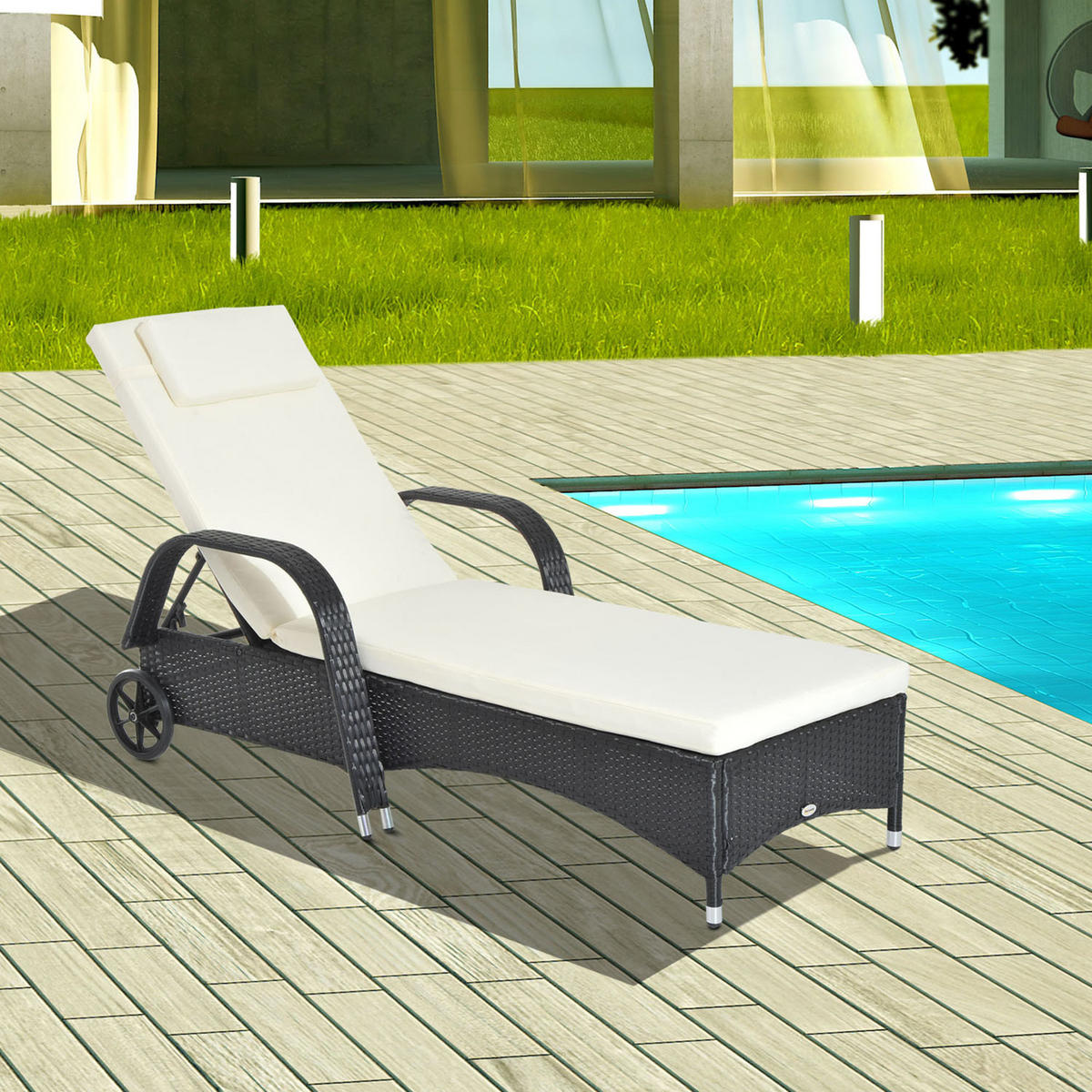 SONNENLIEGE, Polyrattan+Metall, Schwarz - Multicolor, Kunststoff (73/103/200cm) - Outsunny