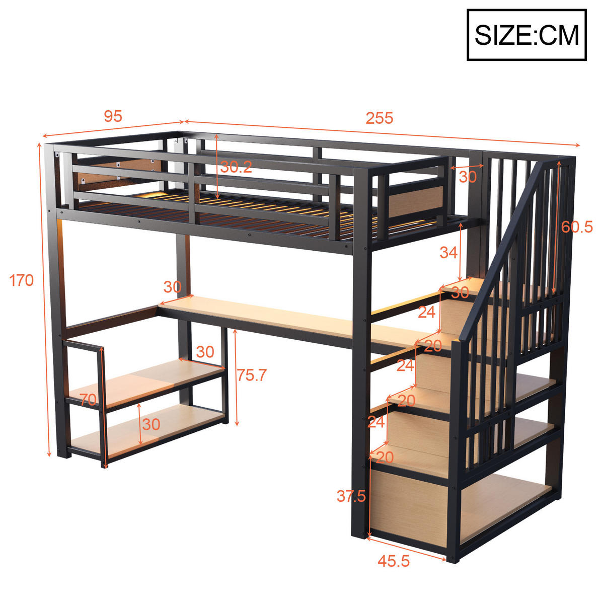 HOCHBETT 90/200 cm aus MDF und Metall mit Stauraumtreppe, Regal und Tisch Schwarz - Schwarz, Metall (90/200cm) - Modenvie