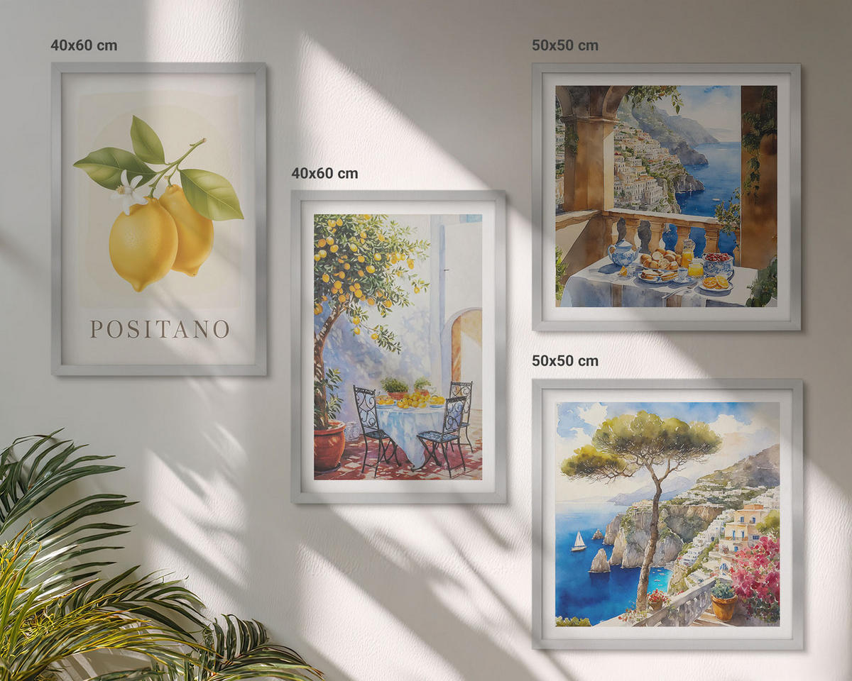 BILDER SET 4er Set - 50x50 cm & 40x60 cm Silberner Rahmen - Ansichten der Zitronenarchitektur von Positano - Silberfarben, Kunststoff (50/50cm) - TULUP