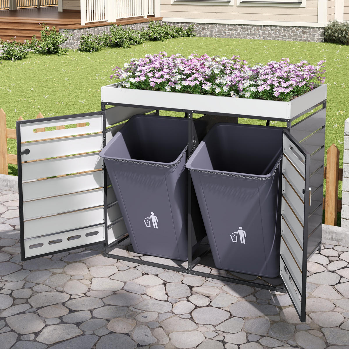 MÜLLTONNENBOX Pflanzkasten Holzoptik horizontal Schloss - Schwarz, Metall (131/120/79cm) - LEBENLANG
